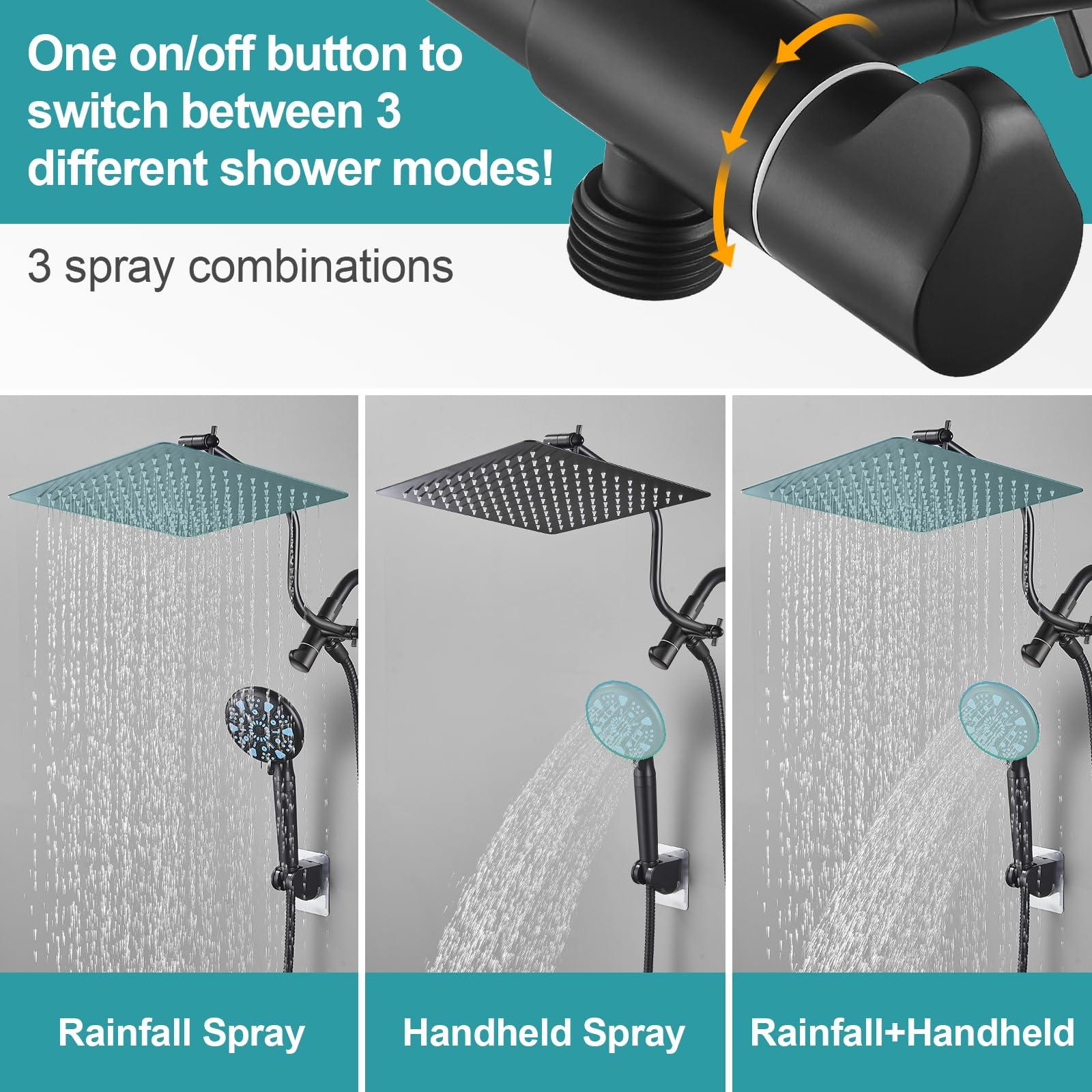 Cobbe 12 Inch All Metal 3-Way Rain Shower Head, High Pressure Shower Head, Dual Shower Heads with Handheld Spray Combo - Upgrade Extension Arm Height Adjustable - 9 Spray Filtered Shower Head, Black - Image 5