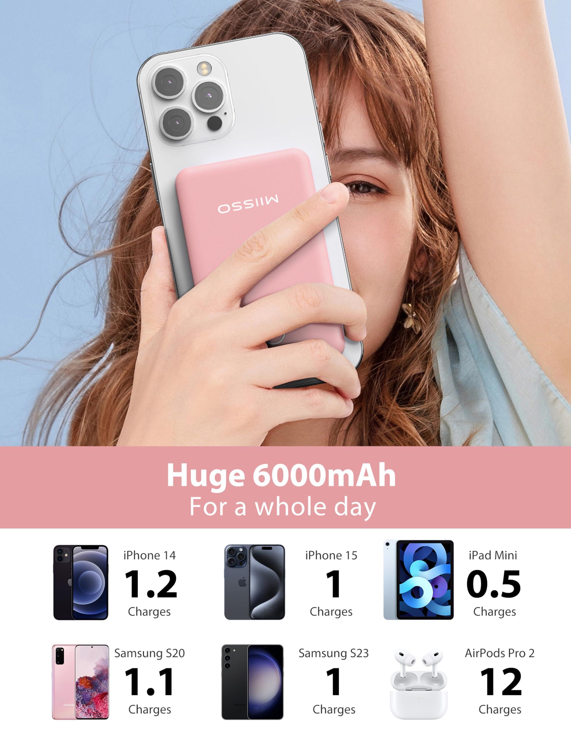 6000mah Ultra Slim Built in Cables Power Bank, Card Size Built in USB C Cords Battery Pack Portable Charger for Phones, 3 Output External Battery Pack Compatible with iPhone, Samsung, Google, Pink - Image 3