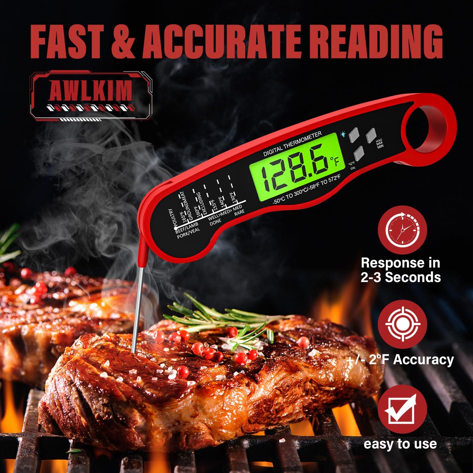 Instant Read Meat Thermometer Digital - Waterproof Food Thermometer with Backlight for Cooking, Grill, Candy, Kitchen & Stocking Stuffers for Men - Red - Image 2