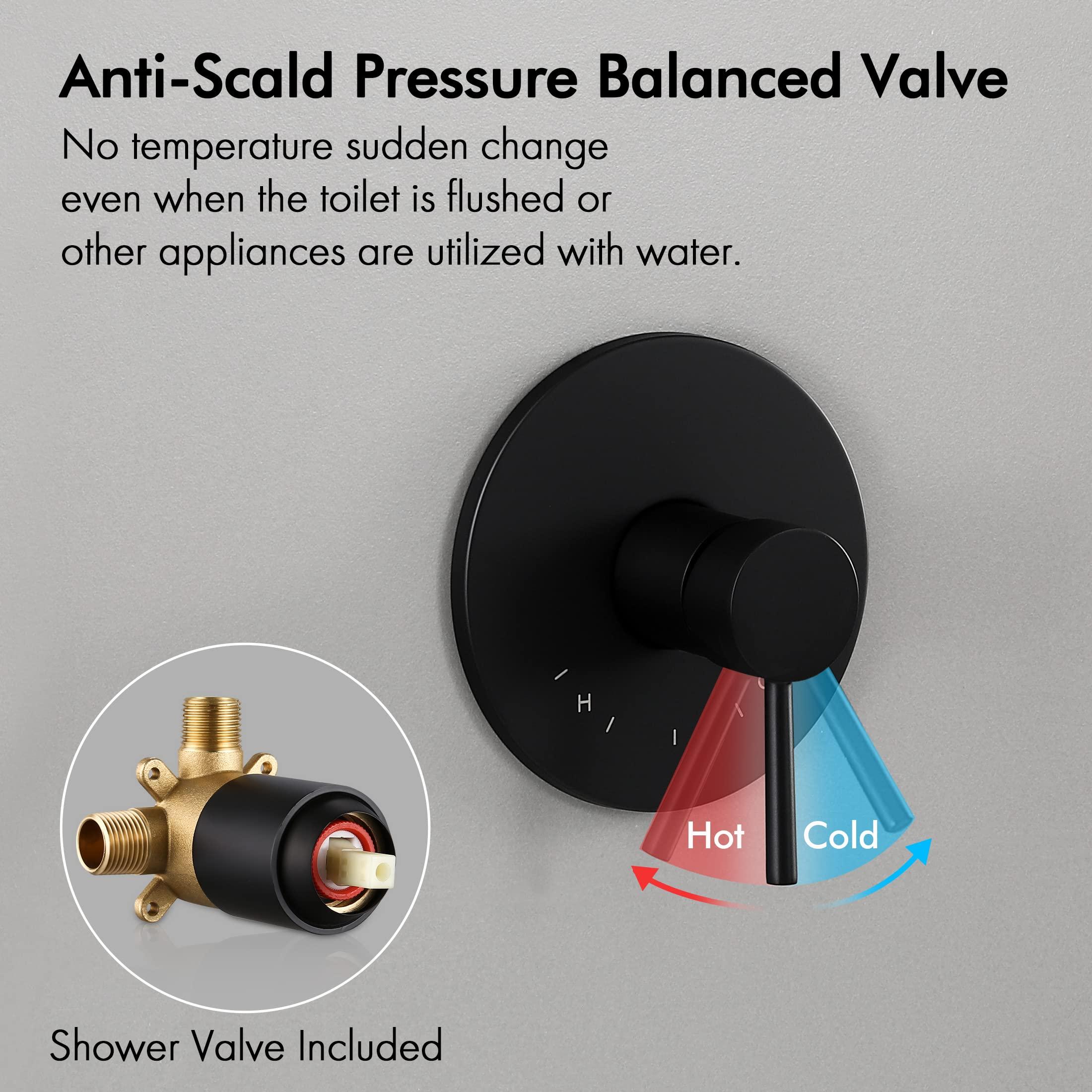 KES Shower Faucets Sets Complete Rain Shower Head Shower Valve and Trim Kit Wall Mount Pressure Balance Black Shower System, XB6202F18-BK - Image 5