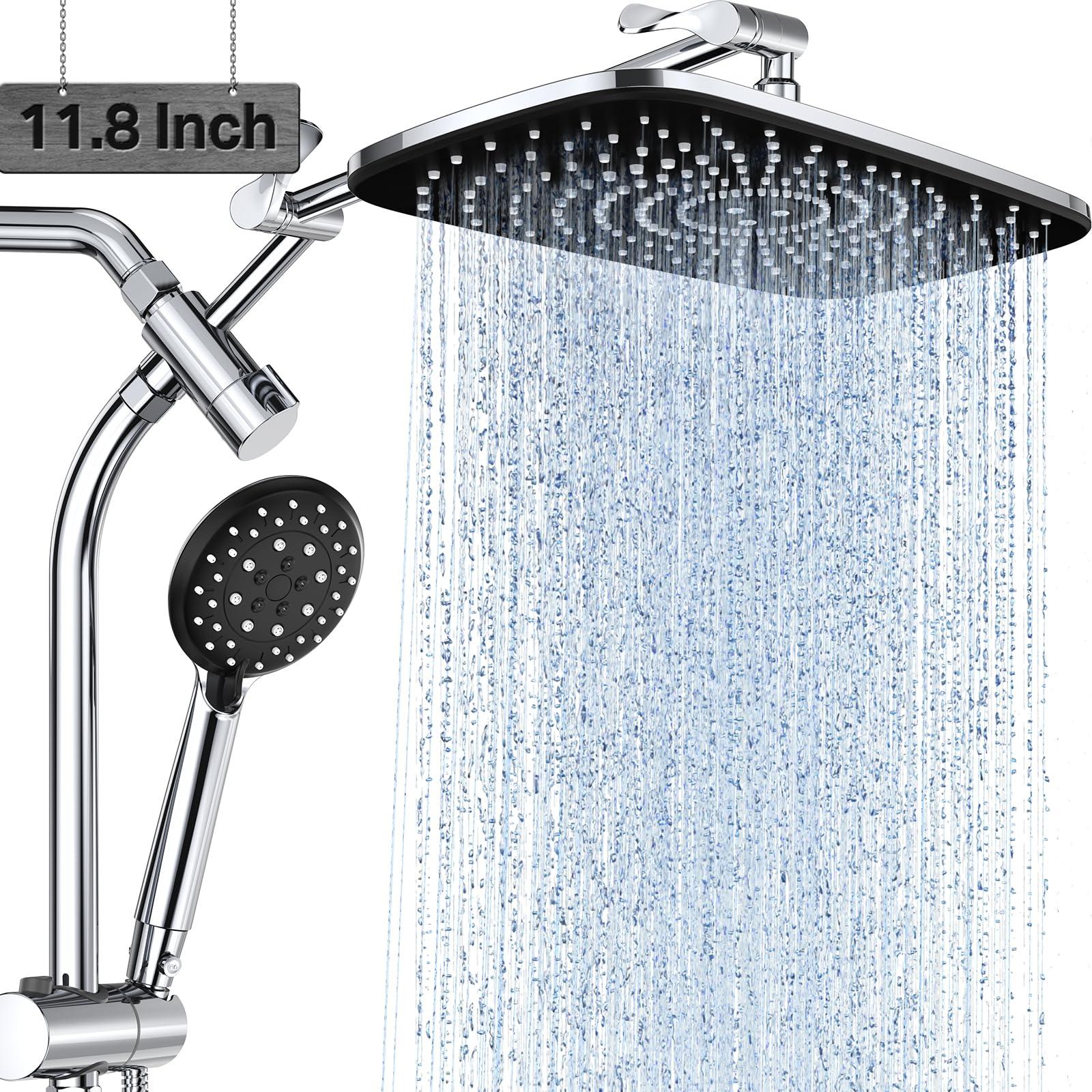 Veken 11.8 Inch Rain Shower with 6 Modes Handheld Water Spray,Upgraded 2-in-1 Slide Bar Shower Head,Wide Showerhead Combo for Bathroom Accessories, Adjustable Dual Shower with Arm，Silver Chrome