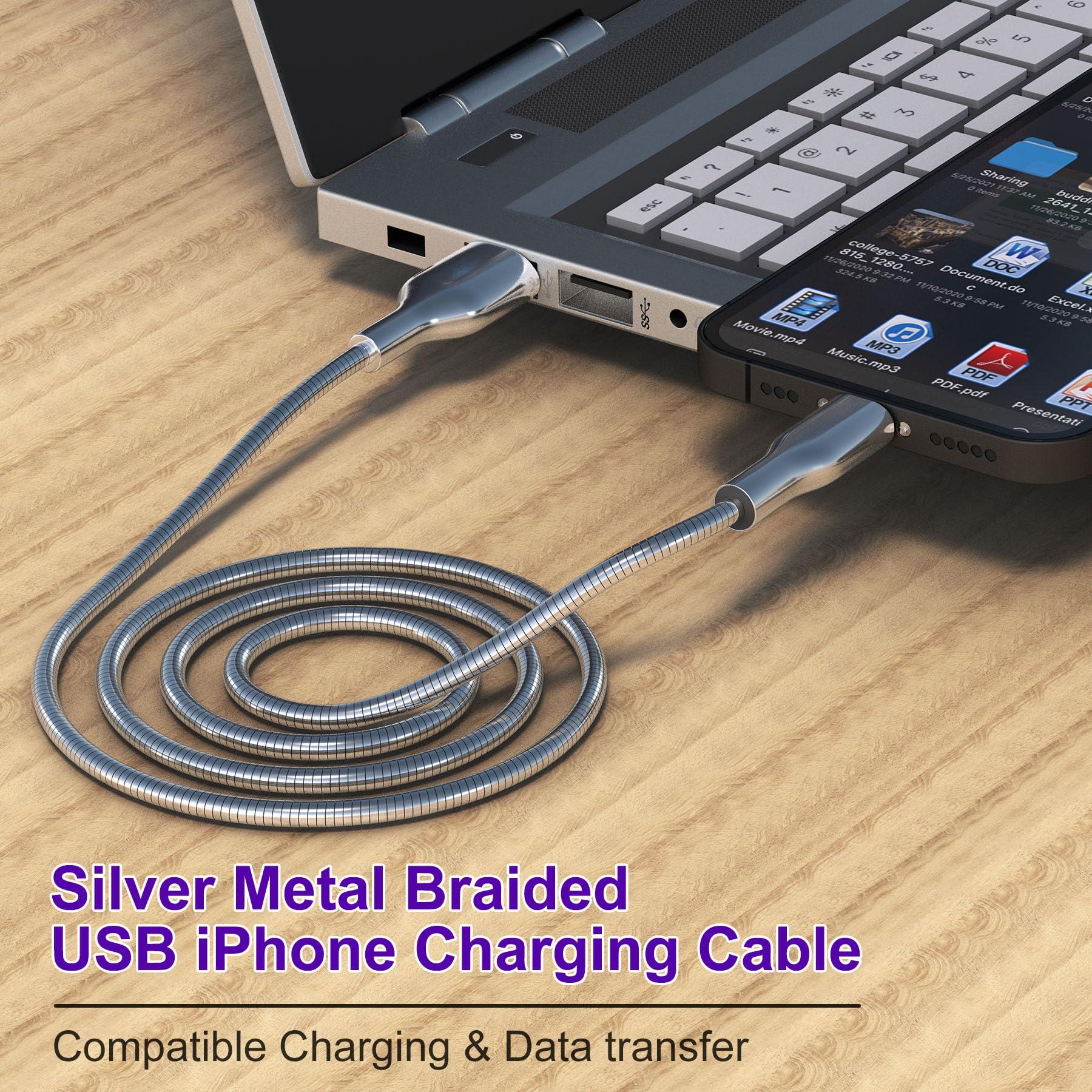 6FT Chew Proof iPhone Charger Cord - MFi Certified Silver Metal Braided USB to Lightning Cable, Metal Dog Cat Chew Proof iPhone Charging Cord with Data Transfer, for iPhone 14 13 12 11 X XS XR 8 7 6 5 - Image 3