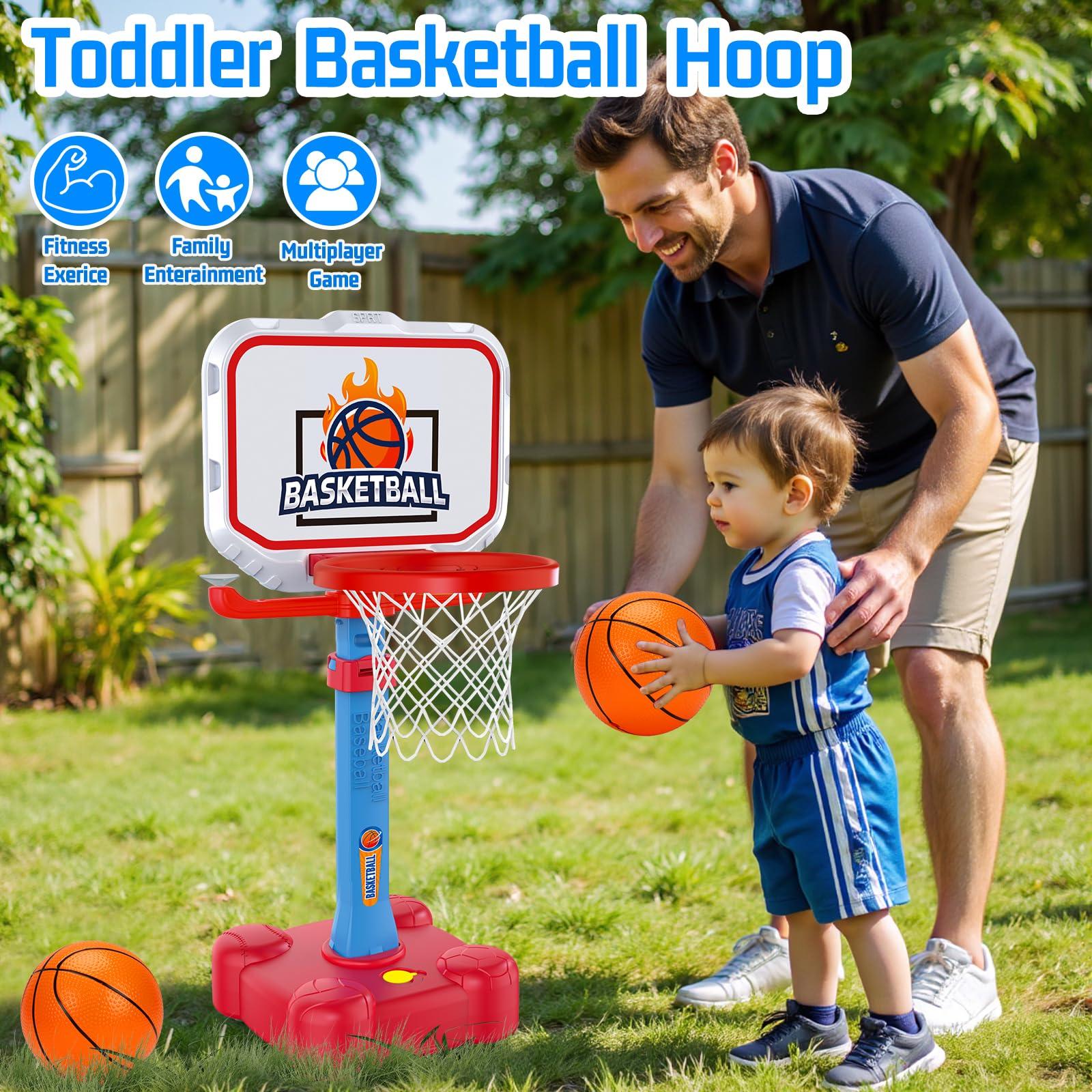 Tsomtto 4 in 1 Kids Basketball Hoop & T Ball Set Indoor Outdoor Toys for Toddlers 1-3 Adjustable Toddler Pool Basketball Hoop Goal Sports Outside Play Toys for 1 2 Year Old Boys Girls Birthday Gifts - Image 4