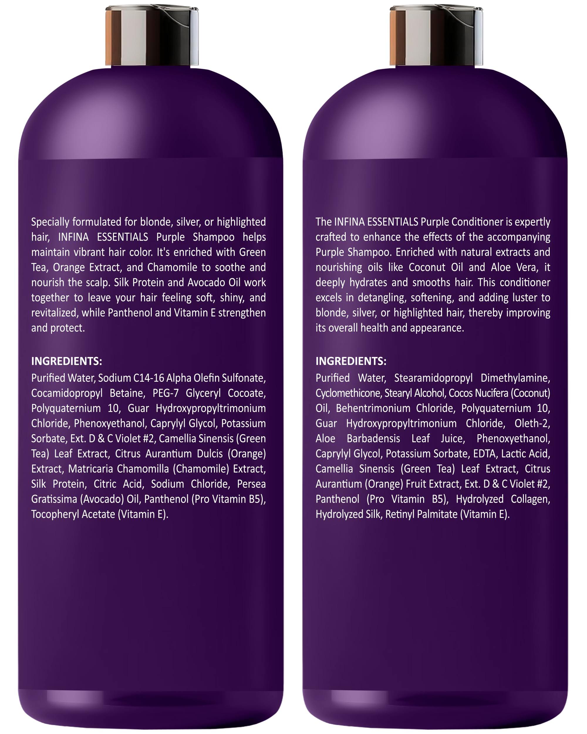 INFINA ESSENTIALS Purple Shampoo and Conditioner Set - Sulfate Free, Enriched with Coconut Oil & Aloe Vera, Ideal for Blonde, Gray, Brassy & Color Treated Hair, Nourishes & Hydrates - 16 fl oz each - Image 8