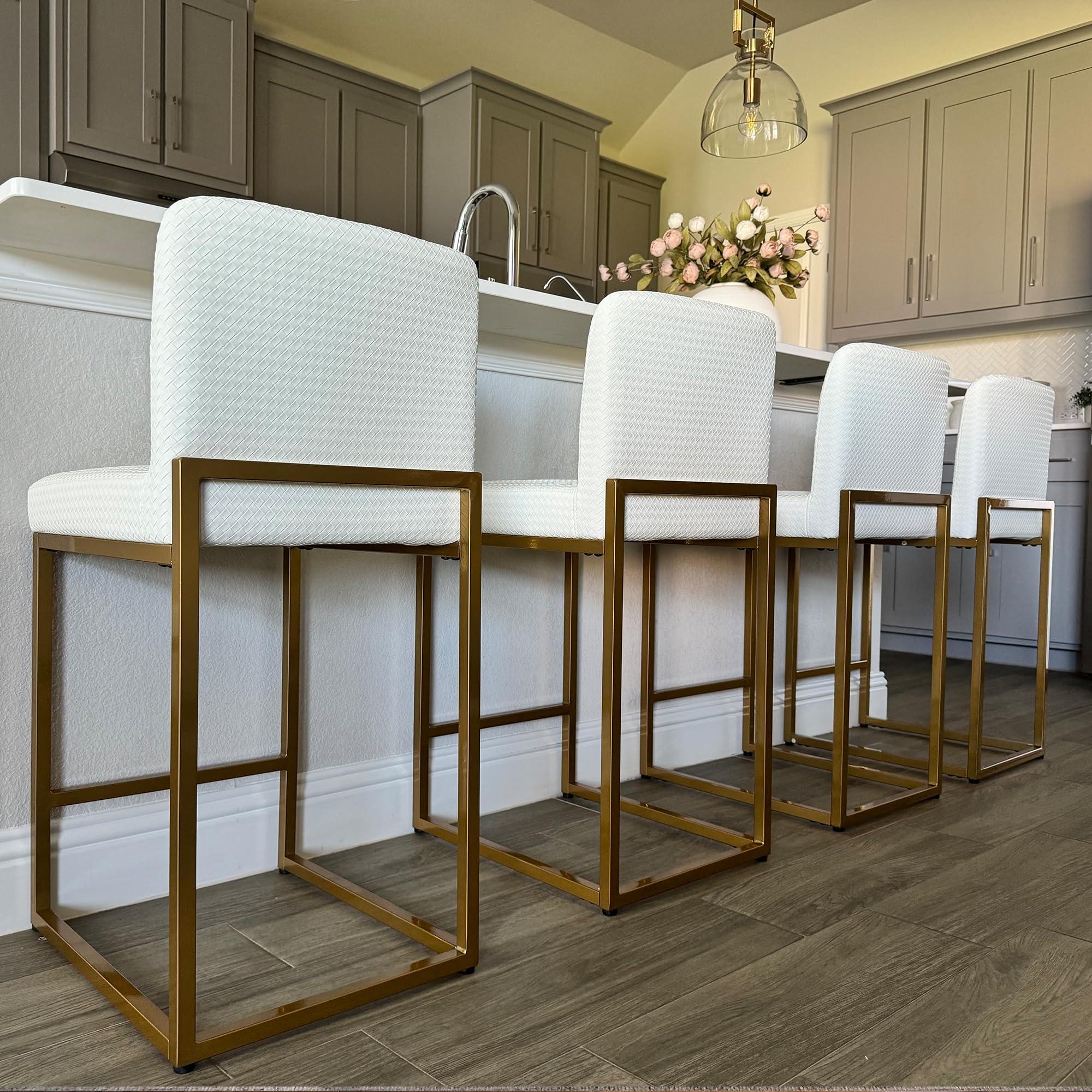 PHI VILLA Bar Stools Set of 3 - Counter Height Bar Stool Leather Stools for Kitchen Counter, White and Gold Bar Stools with Back - Image 8