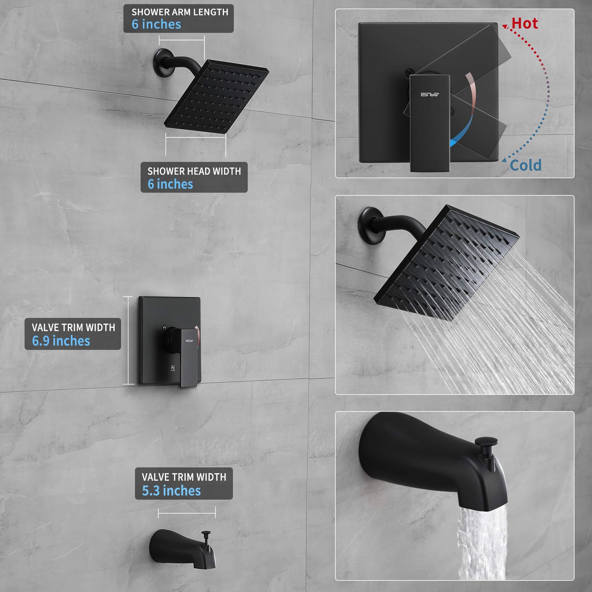 Esnbia Tub Shower Faucet Set (Valve Included) with 6-Inch Rain Shower Head and Tub Spout, Black Shower Head and Handle Set，Single-Handle Tub and Shower Trim Kit, Matte Black - Image 4
