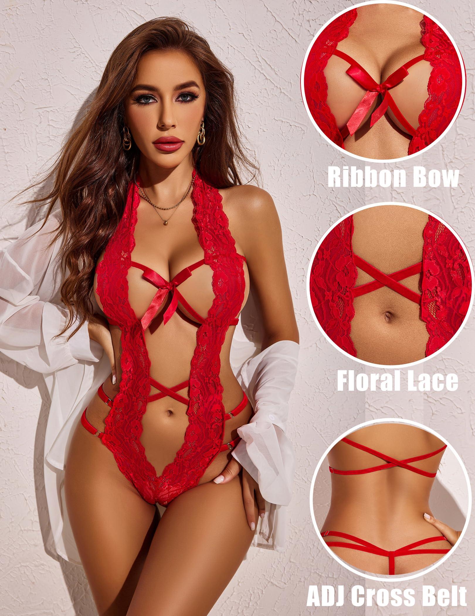 Avidlove Women Deep V Halter Lingerie Teddy One Piece Bodysuit Lace Babydoll - Image 5