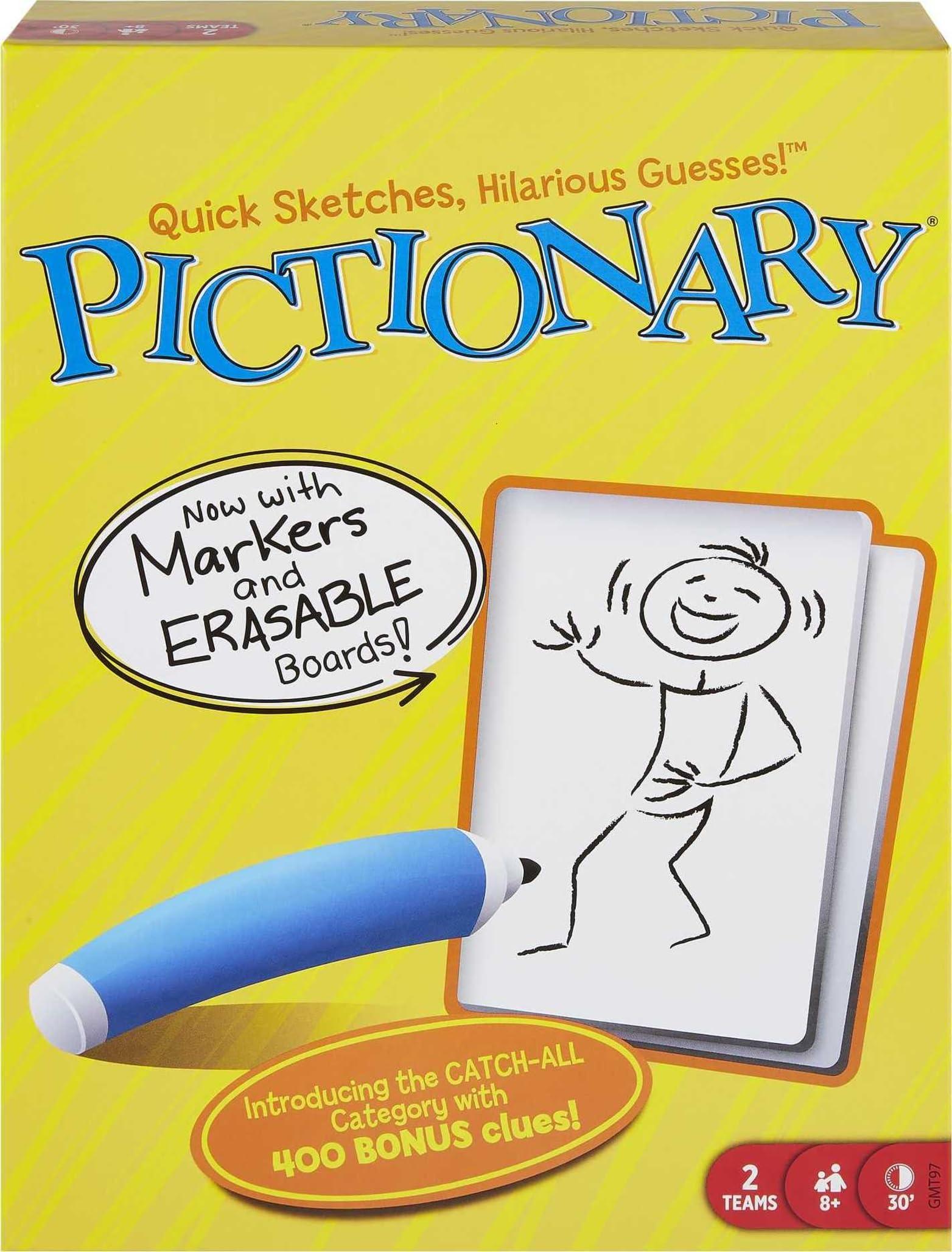 Mattel Games Pictionary Family Board Game for Kids, Adults and Game Night for 2 Teams with Erasable Markers, Boards and Sand Timer (Amazon Exclusive)