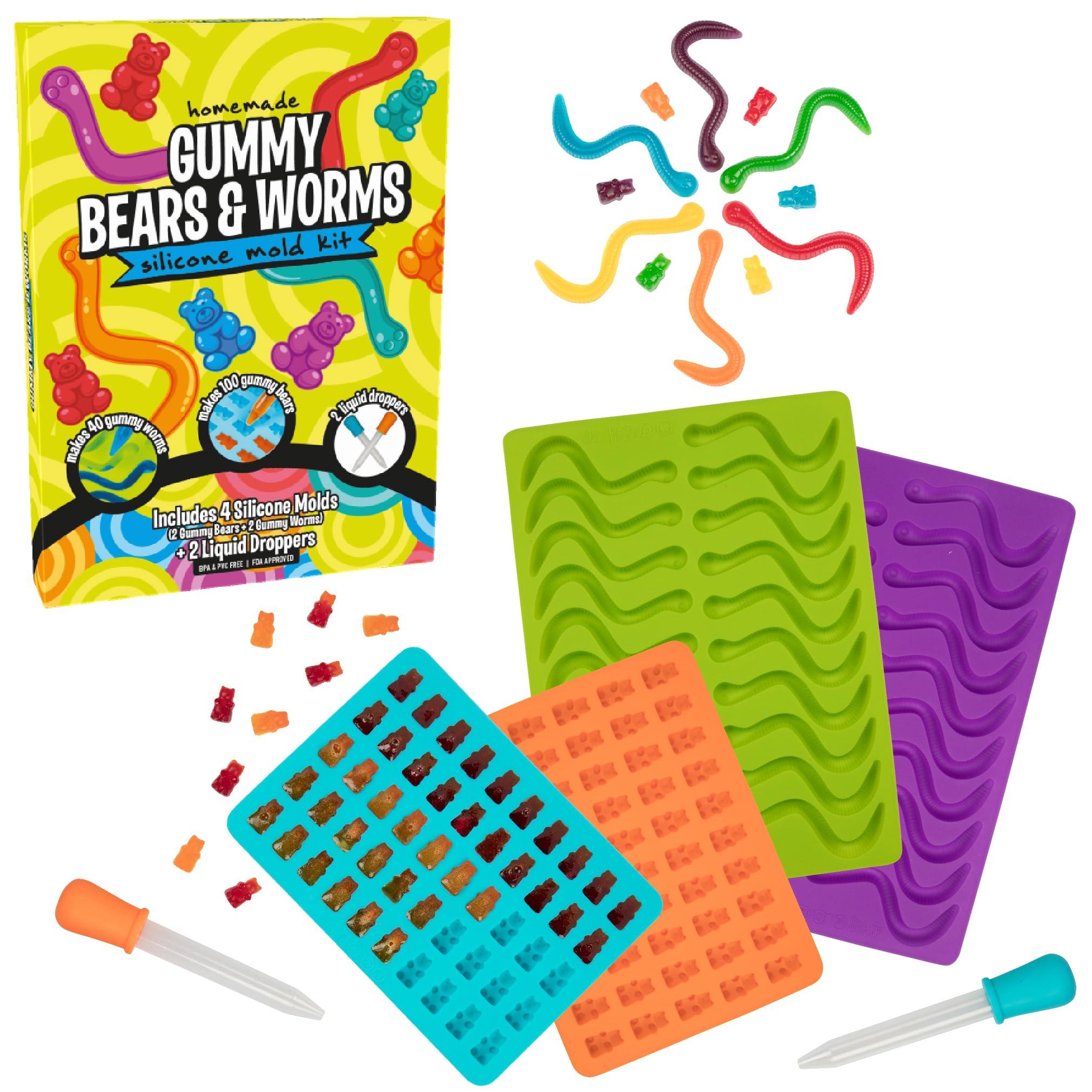 Gummy Bear & Worm Silicone Candy Molds, 4 Pack Set - Nonstick Trays with 2 Droppers for Chocolate, Ice Cubes, BPA-Free -Makes up to 62 Candies - Arts & Crafts Summer Camp Activity, Birthday Gift