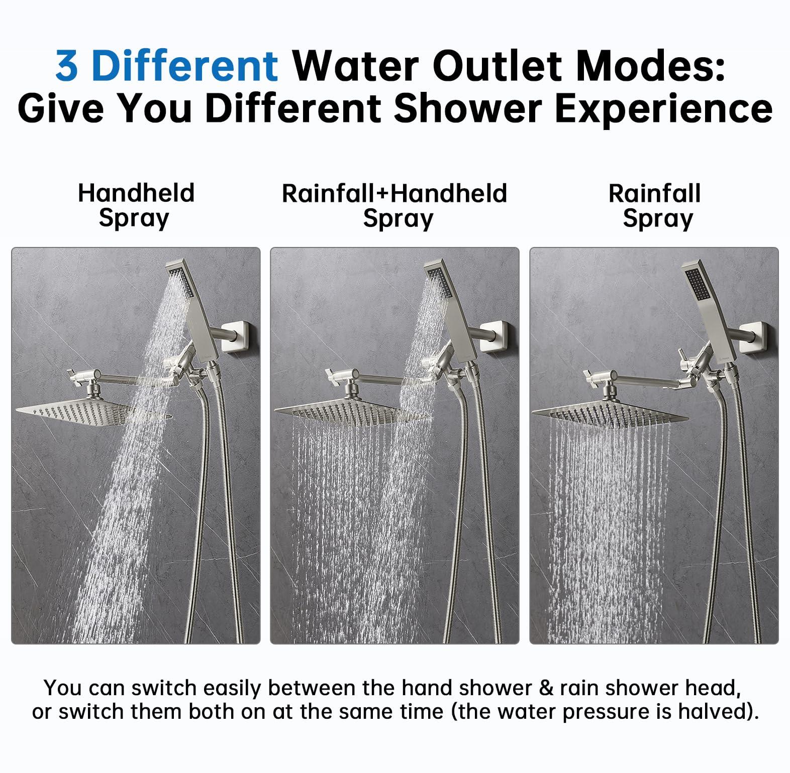 G-Promise All Metal 8 Inch Dual Square Shower Head with Handheld Combo, Rain Shower Head, Adjustable Extension Arm, Smooth 3-Way Diverter, 71 Inch Extra Long Hose - A Bathroom Upgrade (Brushed Nickel) - Image 7