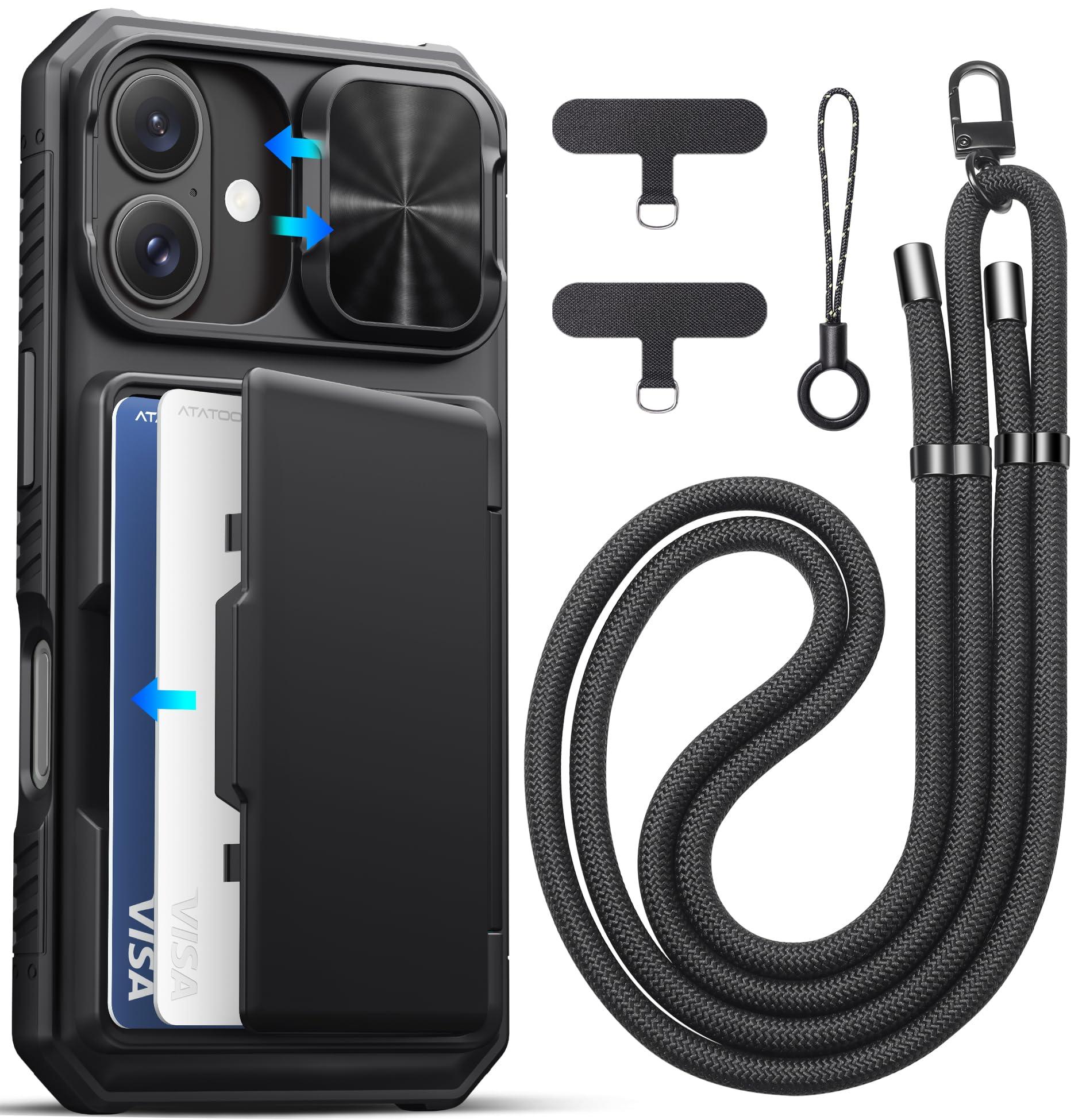 ATATOO for iPhone 16 Case Wallet with Lanyard, Phone Strap Crossbody for Women Men, Card Holder, Slide Camera Cover, Military Grade Protection, Case for iPhone 16 6.1", Black