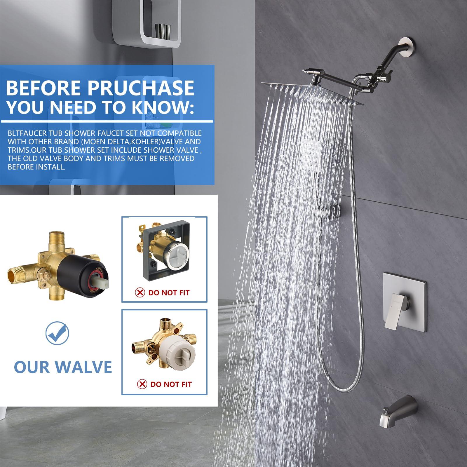 BLTFAUCER Tub Shower Faucet with 8 Inch Shower Head and Handheld, Shower Faucet Set Complete with Adjustable Extension Shower Arm, Tub Spout, Pressure Balance Rough-in Valve Included(Brushed Nickel) - Image 3