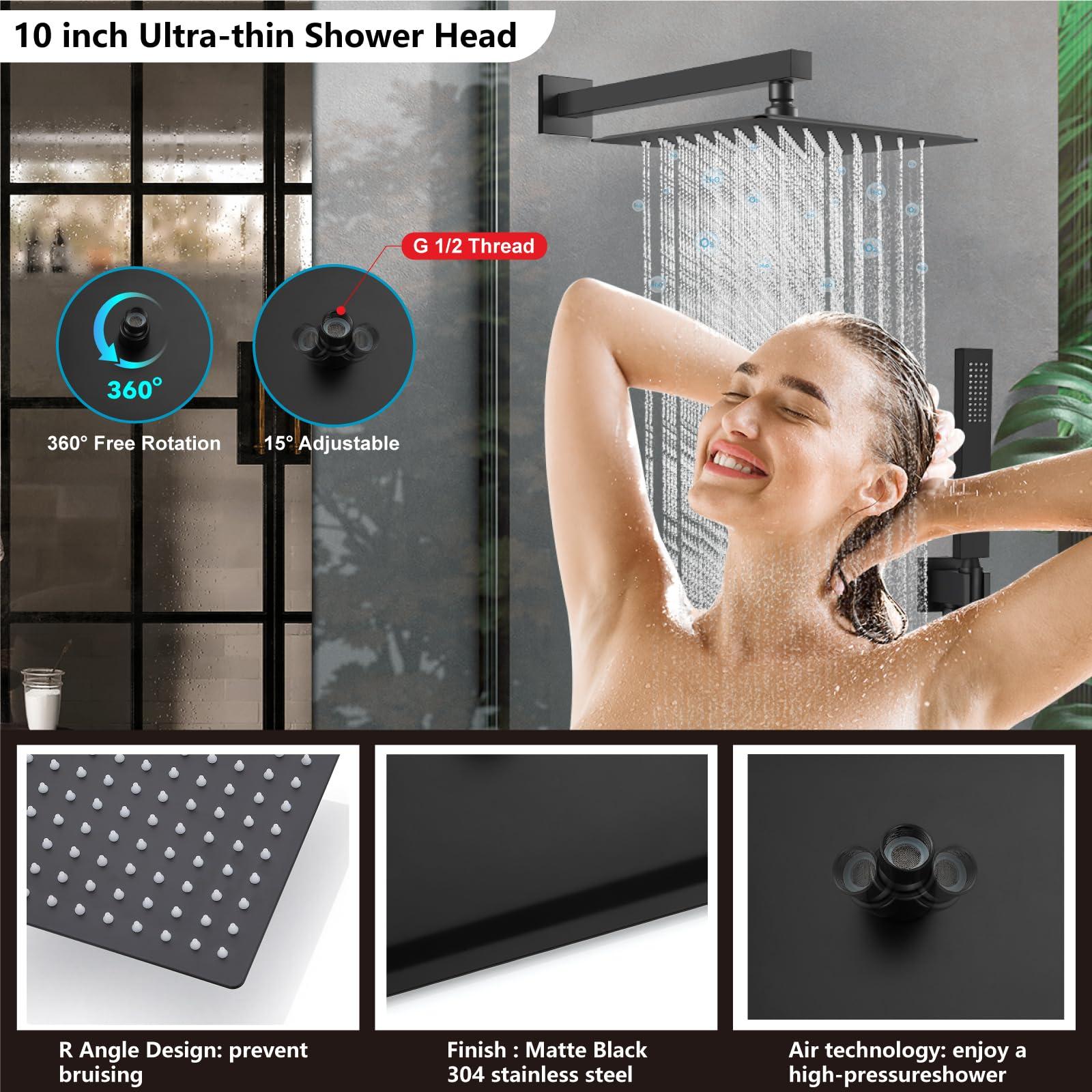 Midanya Rain Shower System Square Rainfall Shower Head Wall Mount Shower Faucet Set with Hand Sprayer Rough-in Valve Trim Kit Bathroom Mixer Shower Combo Set,10 Inch,Matte Black - Image 3