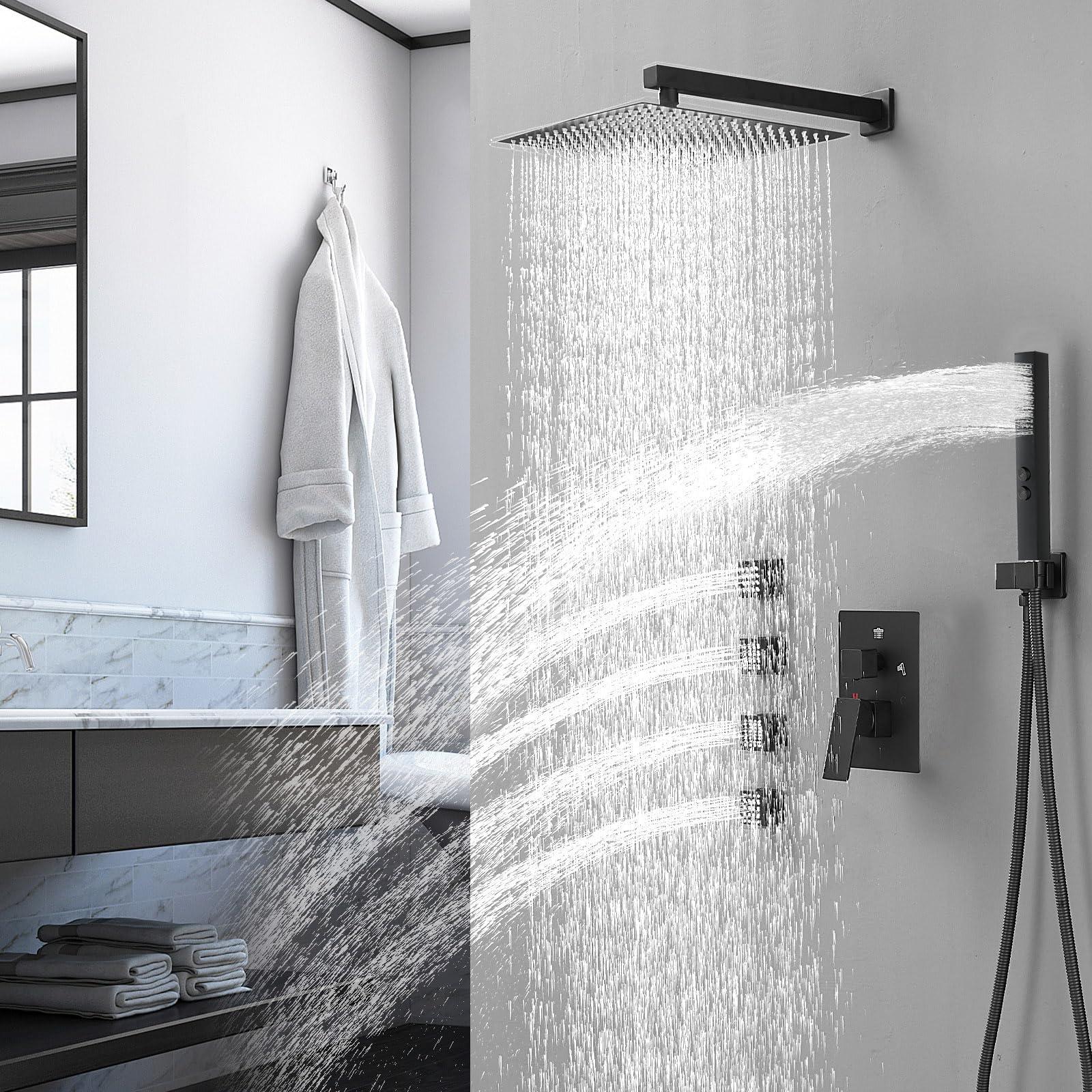 RUMOSE Rainfall Shower System with 4 Full Body Jet 4 Mode Shower Faucet Set with 12 Inch Rain Shower Head and 2 in 1 Handheld Spray, Matte Black Brass Shower Jet Shower Fixtures, Wall Mounted - Image 2