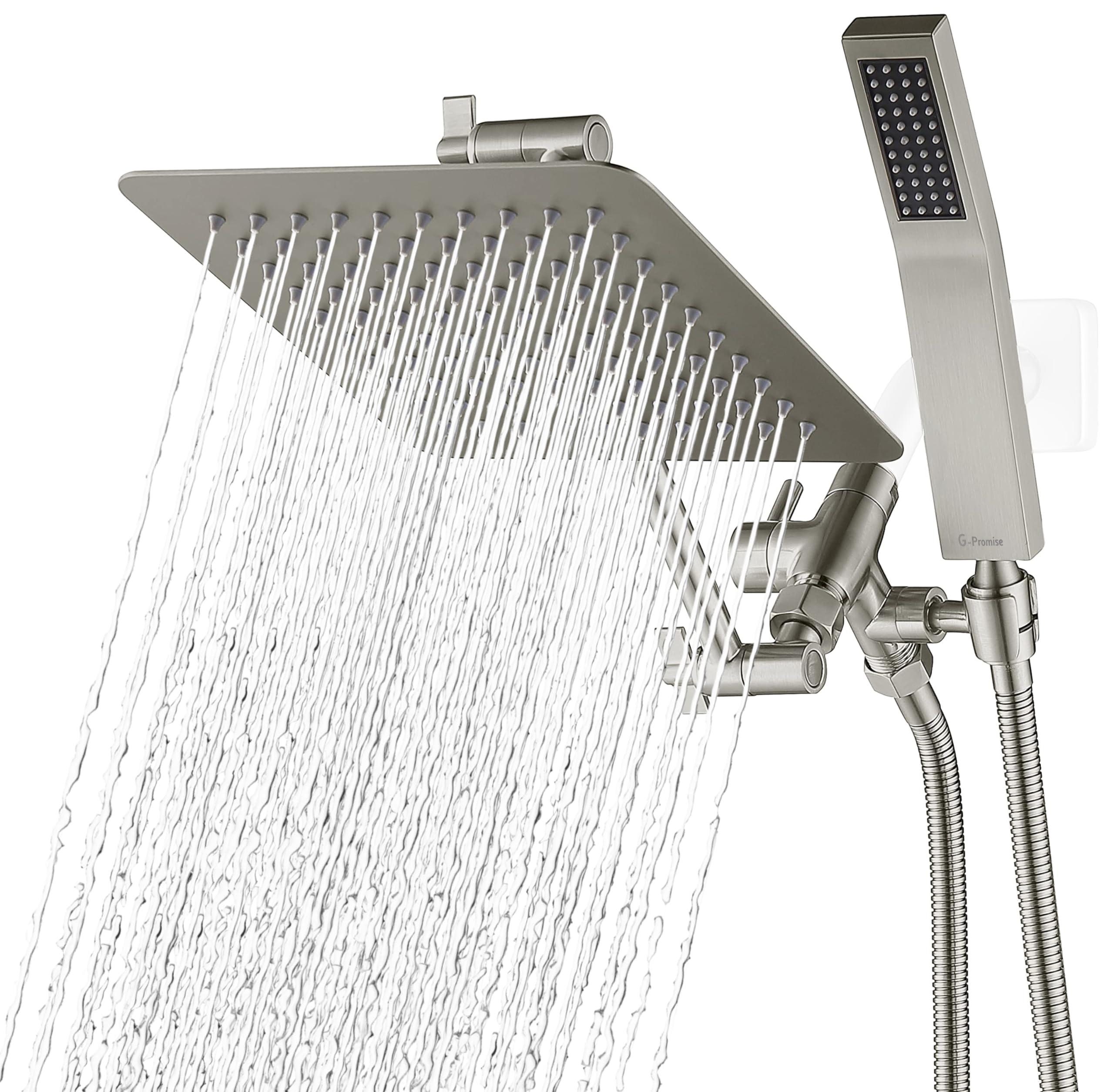 G-Promise All Metal 8 Inch Dual Square Shower Head with Handheld Combo, Rain Shower Head, Adjustable Extension Arm, Smooth 3-Way Diverter, 71 Inch Extra Long Hose - A Bathroom Upgrade (Brushed Nickel)
