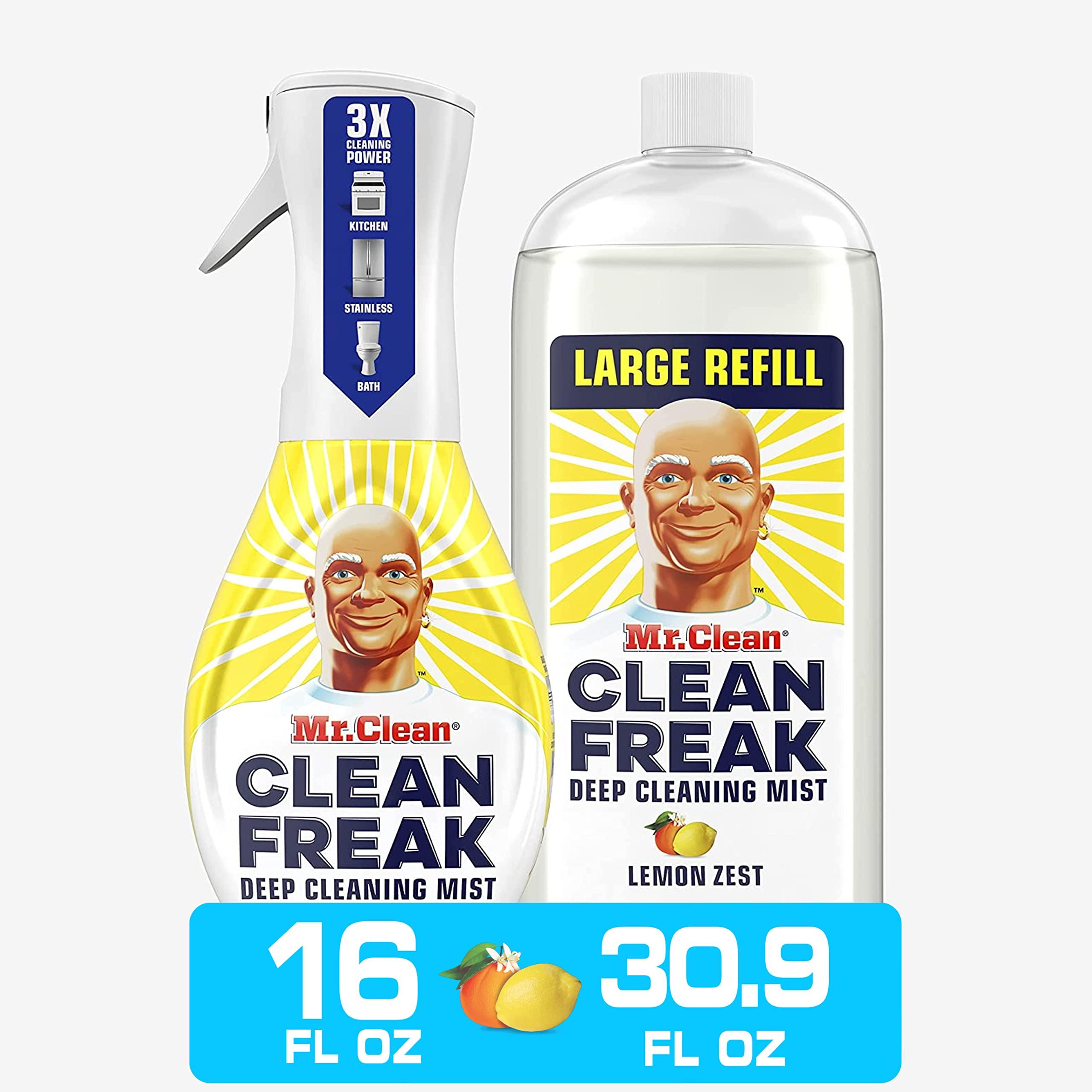 Mr. Clean All Purpose Cleaner, Clean Freak Mist Cleaning Kit for Bathroom & Kitchen Cleaner, Lemon Scent, Includes 1 Spray Bottle (16 oz) and 1 Large Refill (30.9 oz)