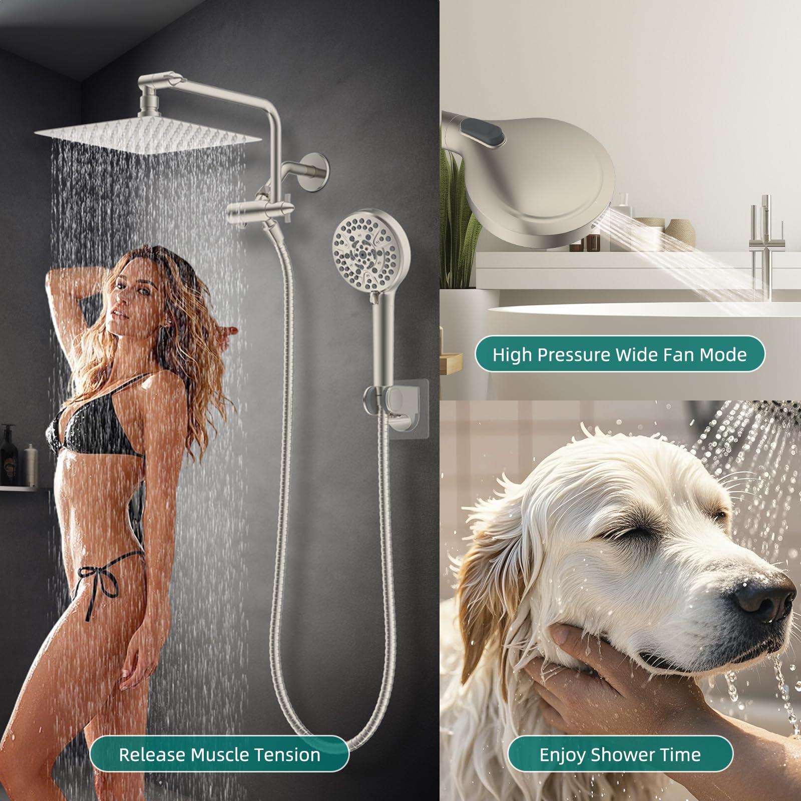 Hygie Rinse 10" All Metal Shower Head Combo, High Pressure 10-Spray Handheld Showerhead Rainfall Shower Head, 71" Long Hose, 3-Way Diverter Valve, Brushed Nickel - Image 6