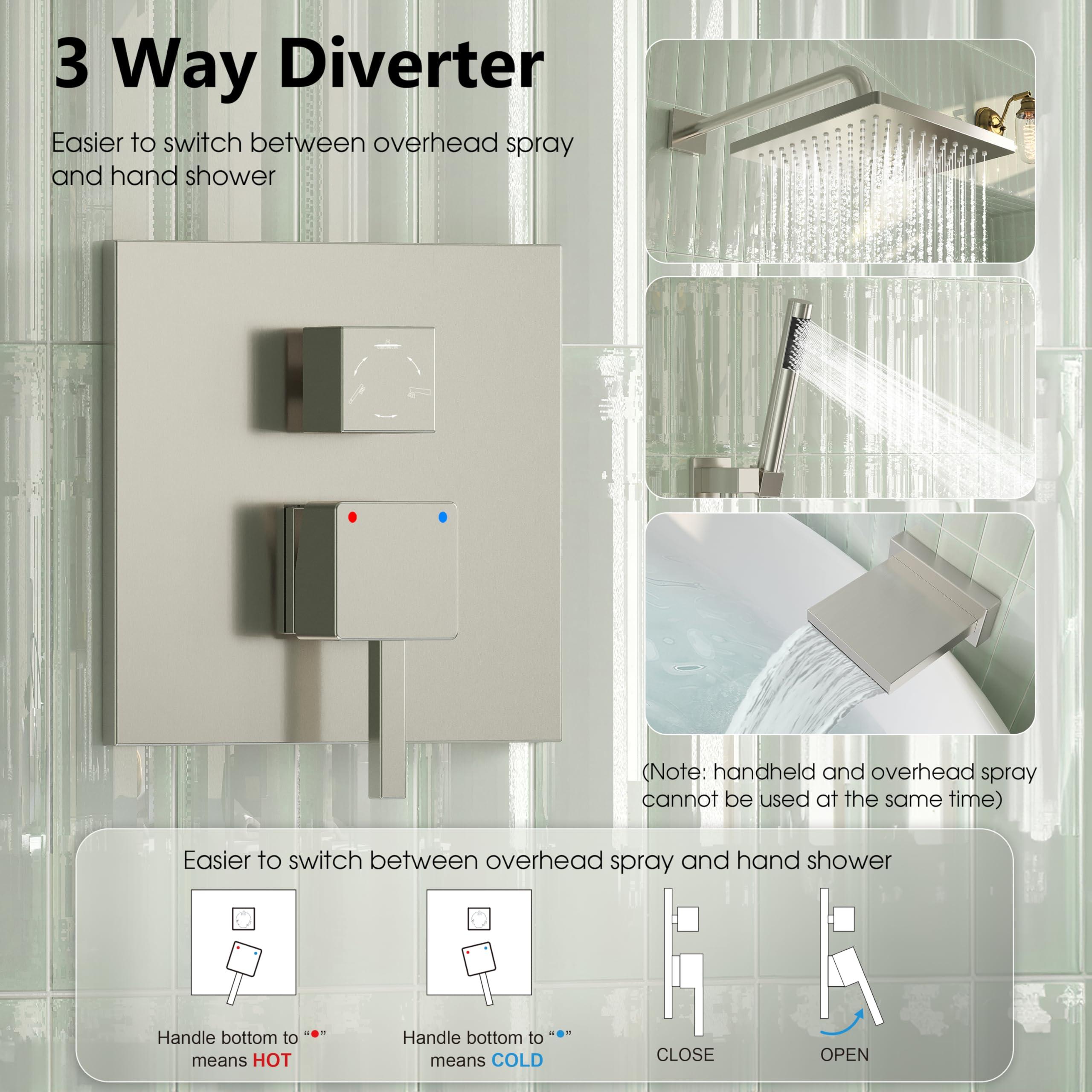 Esnbia Shower System with Tub Spout, Wall Mounted Bathtub Shower Faucet Set, 10 Inch Rain Shower Head and Handheld Shower Head Set, High Pressure Tub Shower Kit with Shower Valve, Brushed Nickel - Image 7