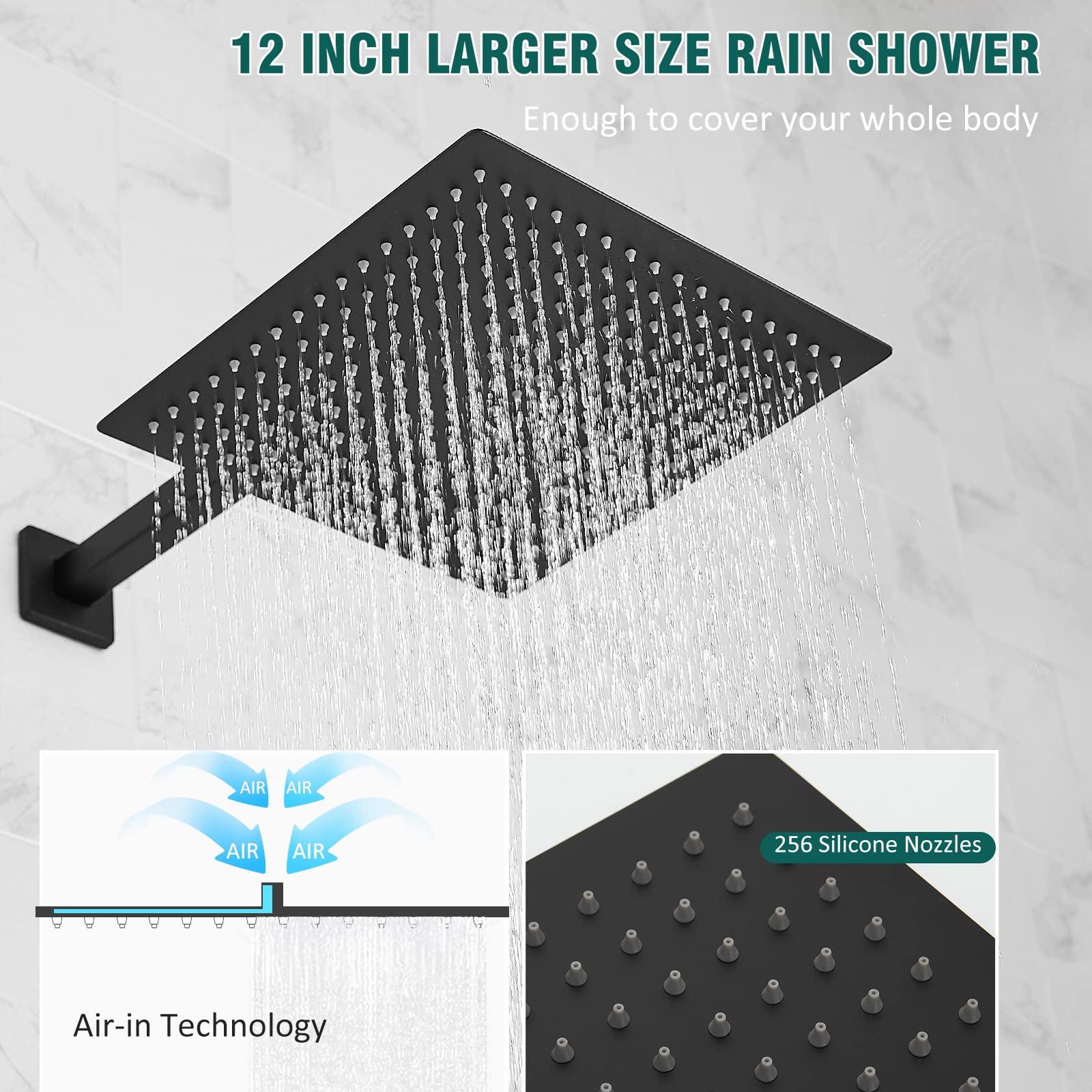 Hoimpro 12 Inch Shower Head System Set Bathroom Rain Mixer Shower Head 2 In 1 Handheld Sprayer Wall Mounted, Square Rainfall Shower Faucet Fixture Combo Valve Kits Brass Showerhead, Matte Black - Image 9