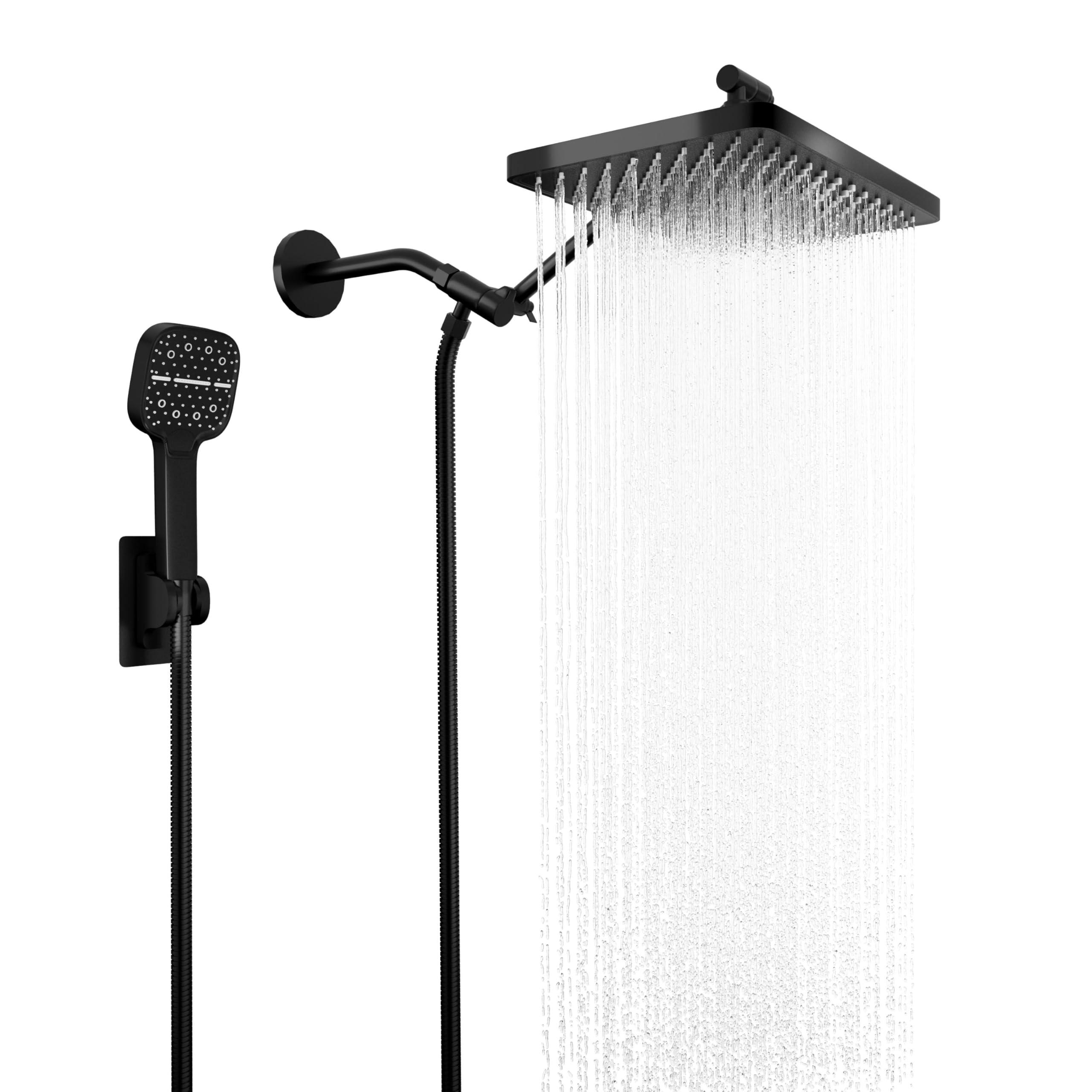 12 Inch Shower Head, High Pressure Rainfall/Handheld Dual Shower Combo- Upgrade Extension Arm Height Adjustable - Handheld Shower Wand and Hose Black, Matte Black