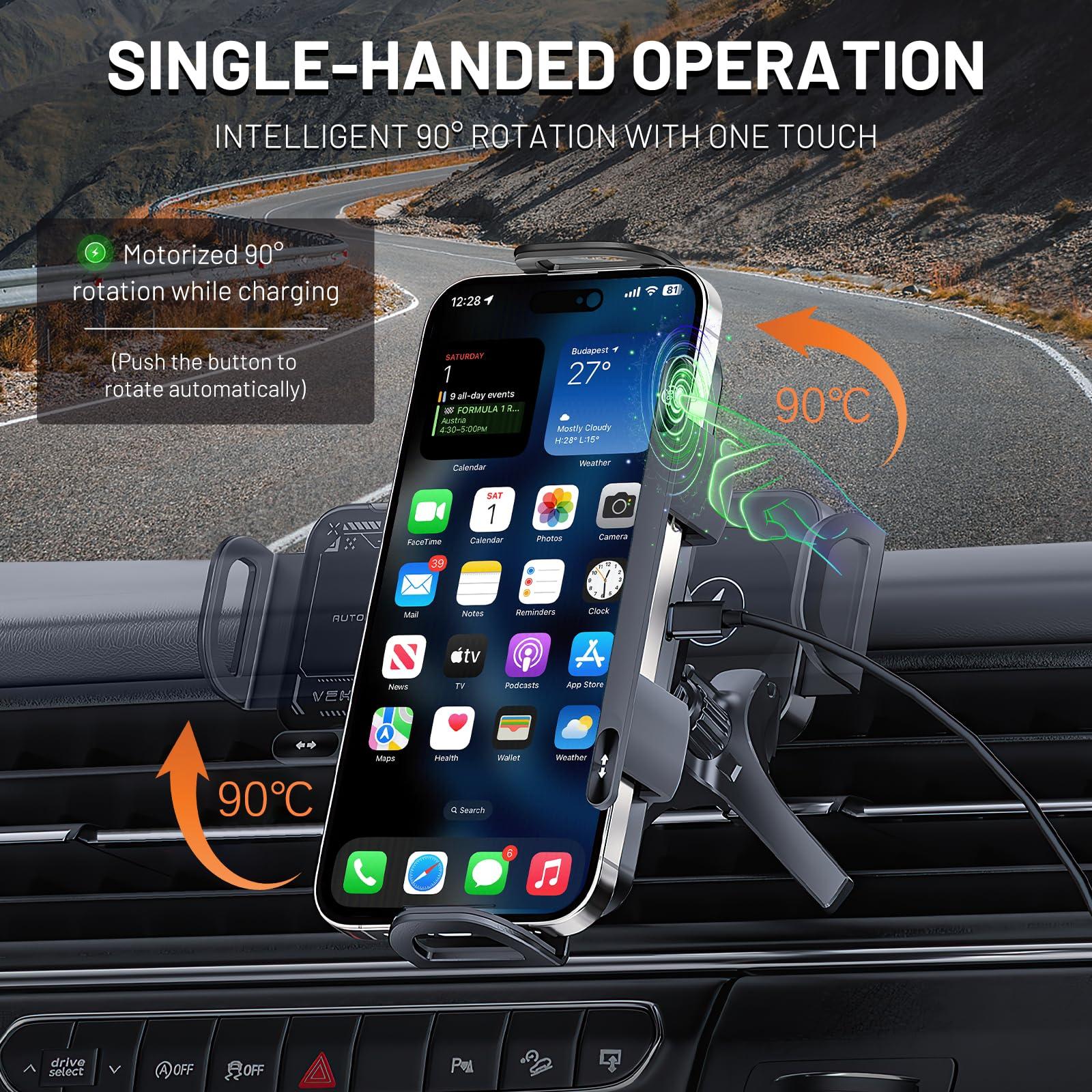 High Intelligent Mobile Phone/Pad Holder,2 in 1 Auto Rotating Phone Holder,Car Charger Fast Charging Cell Phone Holder,One-Touch Rotatable Car Vent Phone Mount for Smartphone/Pad/Foldable Phone(Black) - Image 2