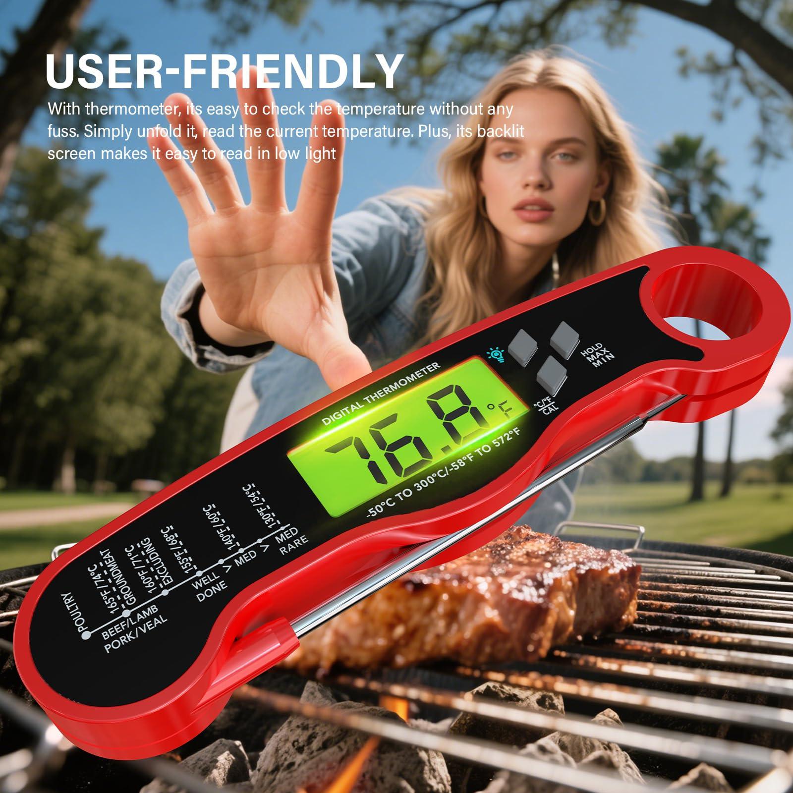 Instant Read Meat Thermometer Digital - Waterproof Food Thermometer with Backlight for Cooking, Grill, Candy, Kitchen & Stocking Stuffers for Men - Red - Image 5