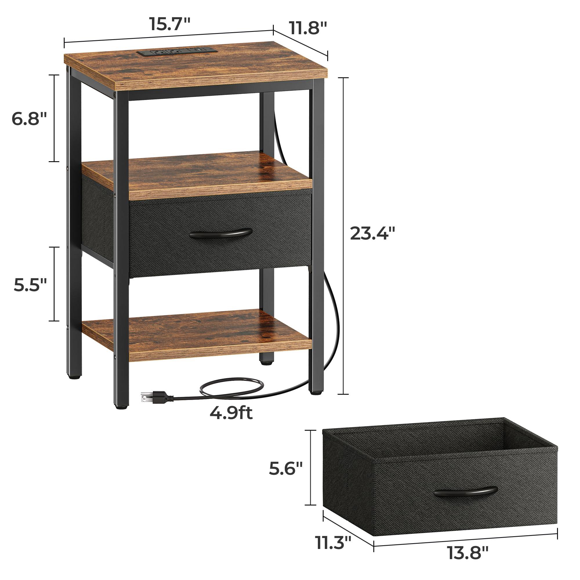 SUPERJARE Nightstand with Charging Station, Bed Side Table with Adjustable Fabric Drawer, Night Stand for Bedroom, 3-Tier Storage End Table, for Living Room, Rustic Brown and Black - Image 3