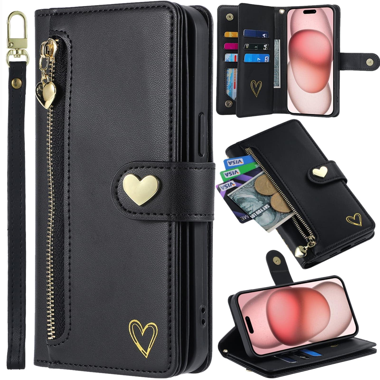 for iPhone 16 Pro Max Phone Case Leather Wallet Pocket Folio Flip Cover Kickstand, 3 Layer Multi Card Holder Cash Slot Photo Bag, Golden Love Zipper Puller + Magnetic Buckle, Wrist Strap