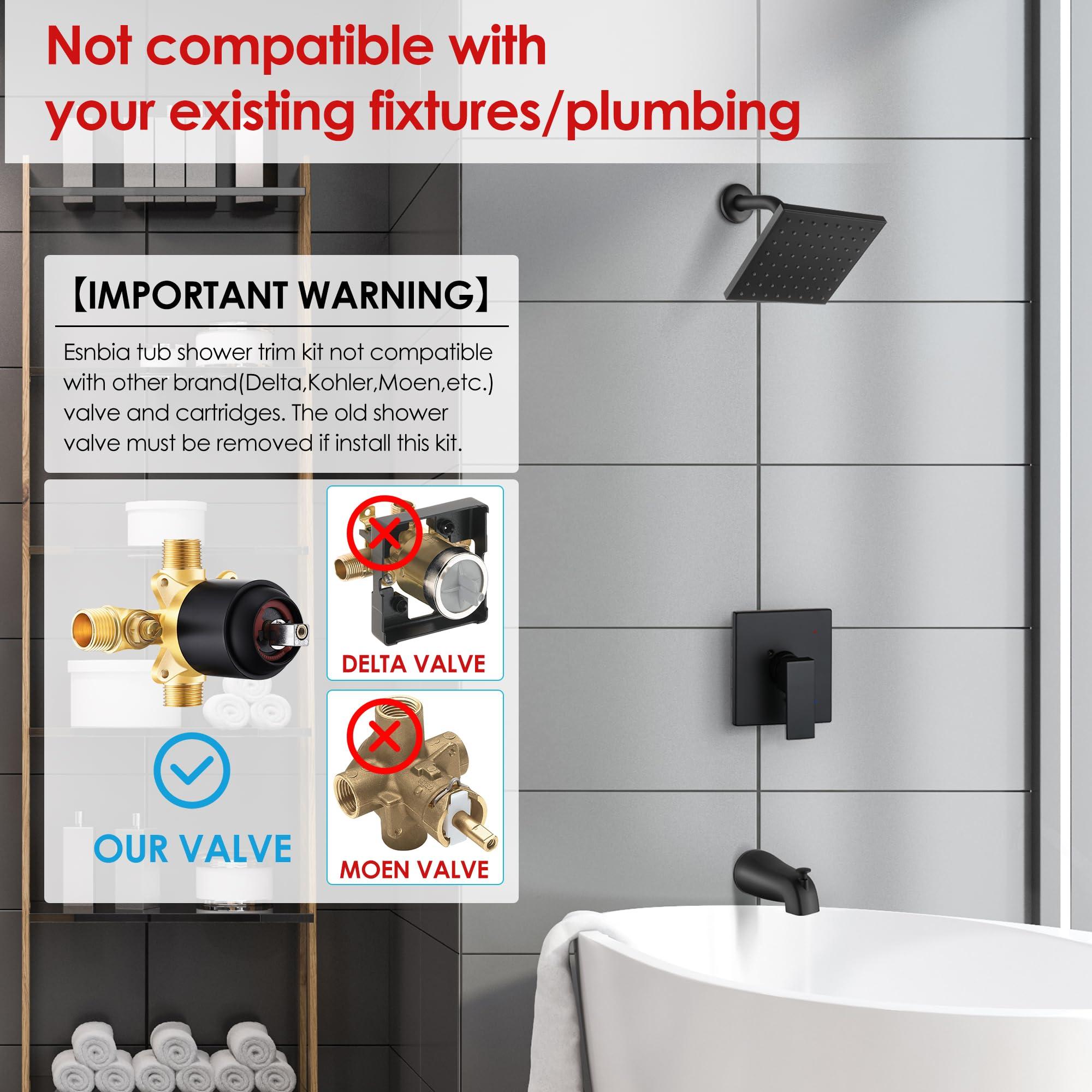 Esnbia Tub Shower Faucet Set (Valve Included) with 6-Inch Rain Shower Head and Tub Spout, Black Shower Head and Handle Set，Single-Handle Tub and Shower Trim Kit, Matte Black - Image 2