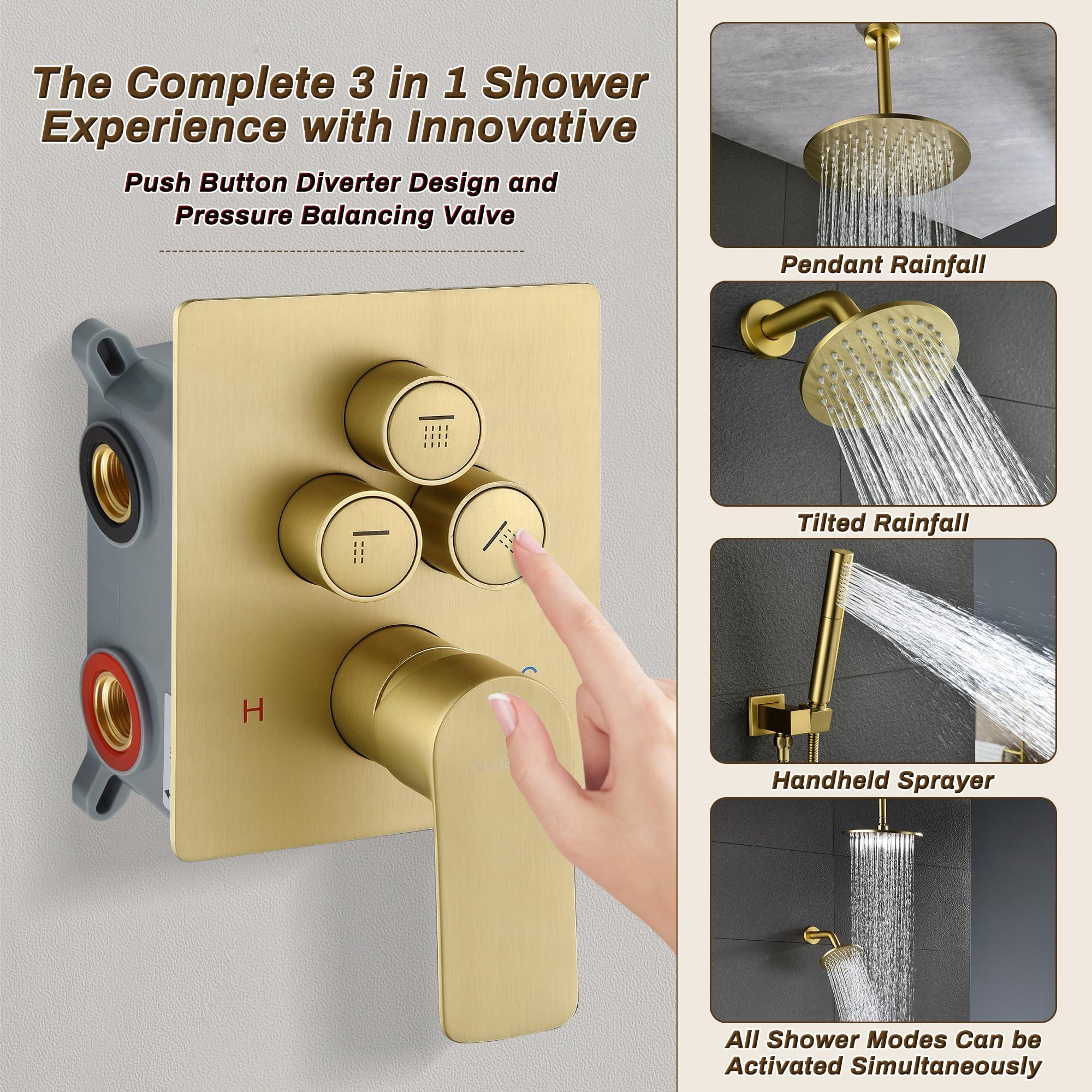 Tomfaucet Rain Shower System, Push Button Diverter Shower Faucet Set with 2 in 1 Handheld Spray, Wall Mount Shower, Ceiling Mount Shower Head 3-Function Rainfall Shower System-Brushed Gold - Image 4