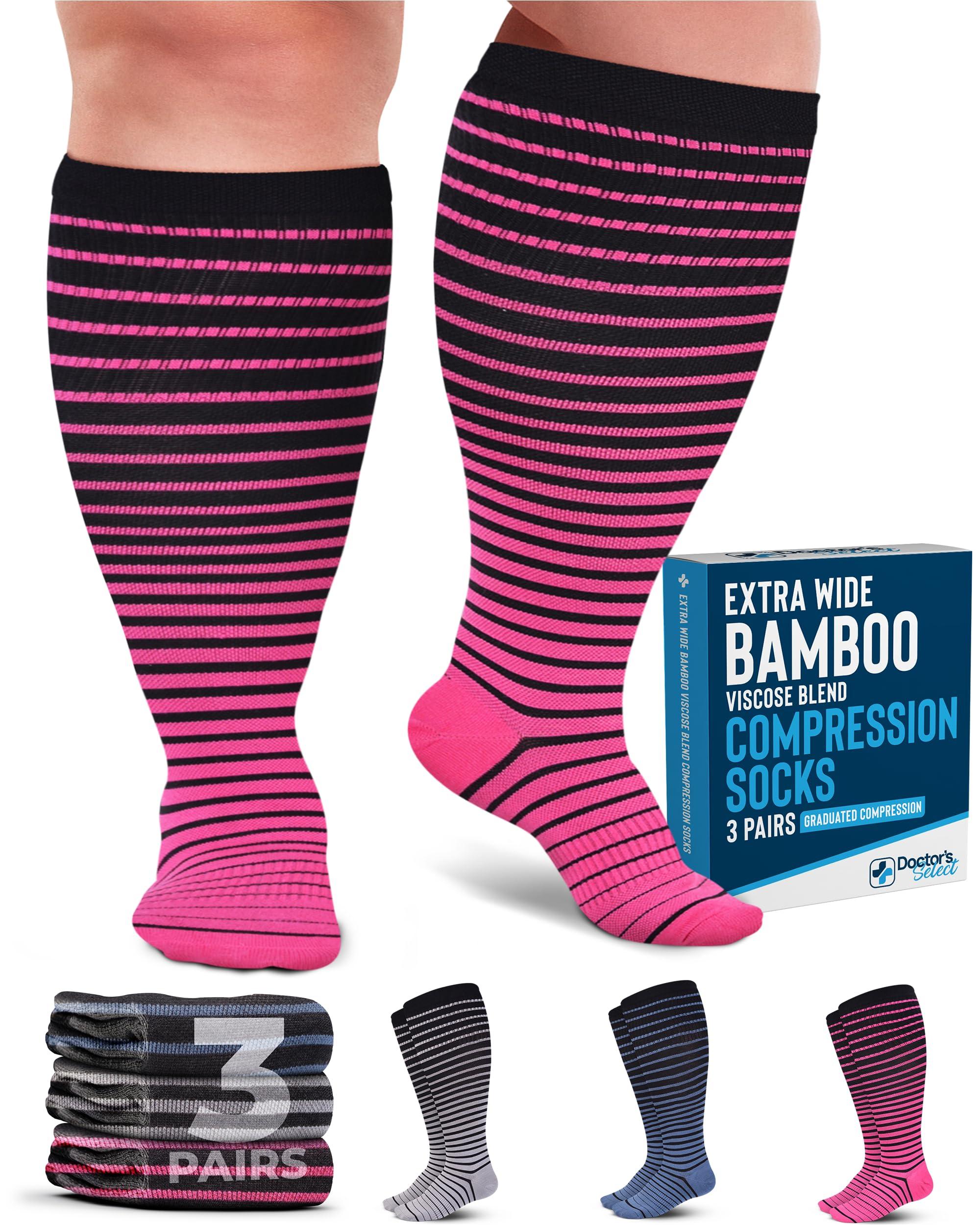 Doctor's Select 3 Pairs Plus Size Compression Socks Wide Calf | Bamboo Viscose Knee High Socks | Extra Wide Calf | Pink, Cobalt Blue, Grey (Black Stripes)