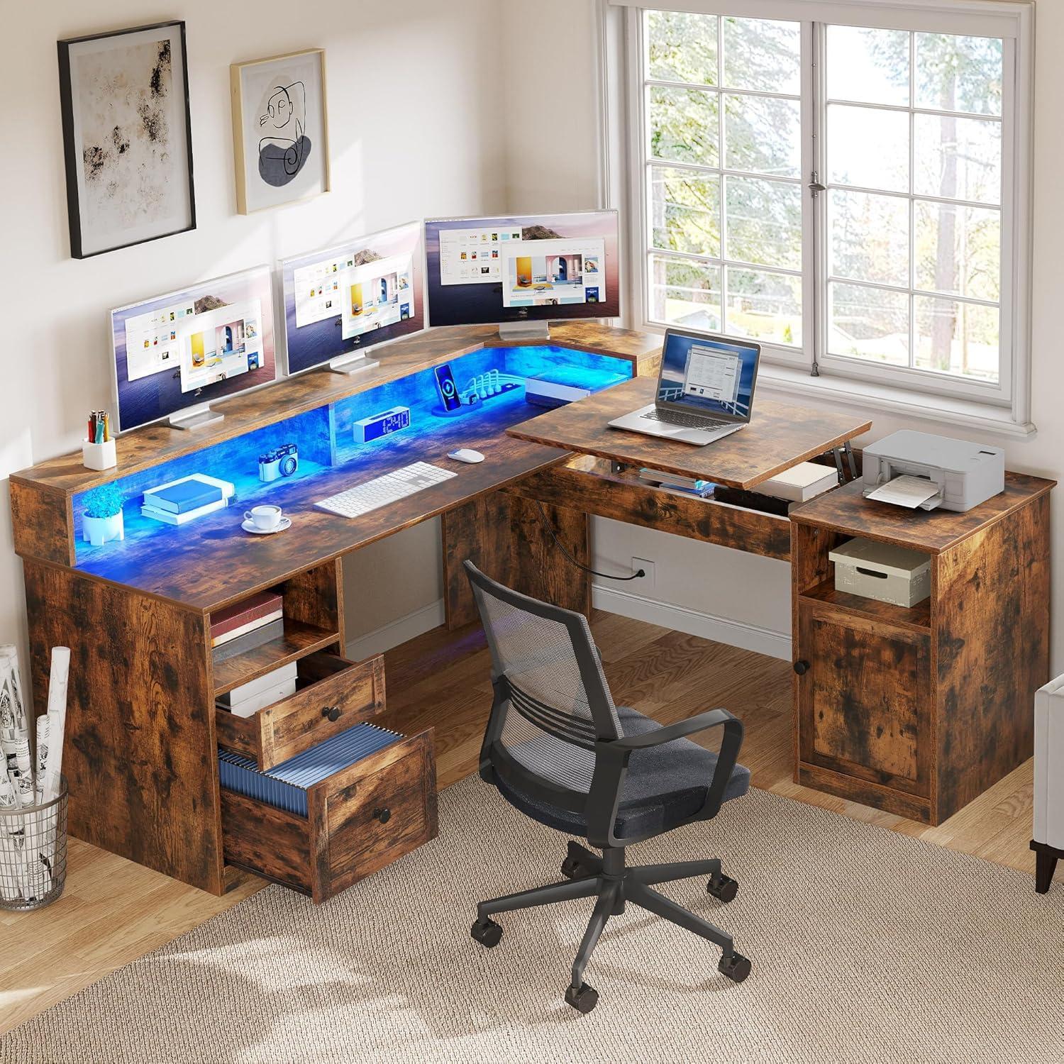 YITAHOME L Shaped Desk with Power Outlets & LED Lights, 60” Corner Computer Desk with Drawers & Lift Top, Home Office Desk with Monitor Stand & File Cabinet, Wood Height Adjustable Desk, Rustic Brown