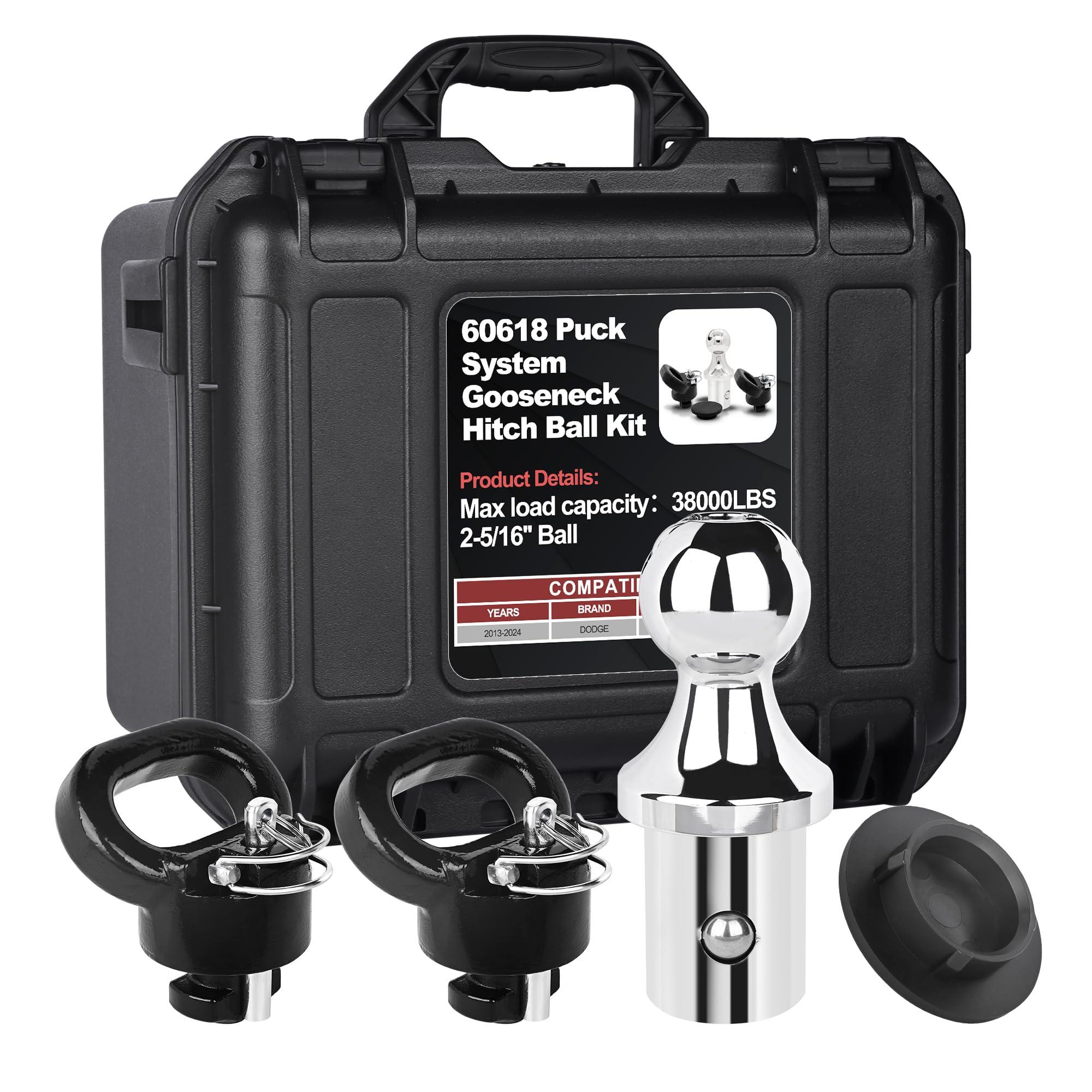 60618-Puck System Gooseneck Hitch Ball Kit with Box, 2-5/16” Ball for Truck Bed with 2 Gooseneck Safety Chain Anchors, 38,000 lbs GTW / 7,500 lbs VTW, Compatible with 2013-2024 Dodge RAM 2500 and 3500