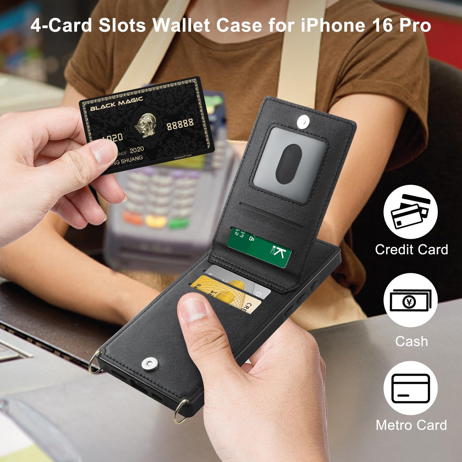Vofolen for iPhone 16 Pro Case with Card Holder Crossbody Lanyard Strap Leather Wallet Case with Magnetic Clasp Kickstand Heavy Duty Protective Flip Cover for iPhone 16 Pro for Women, Black - Image 3