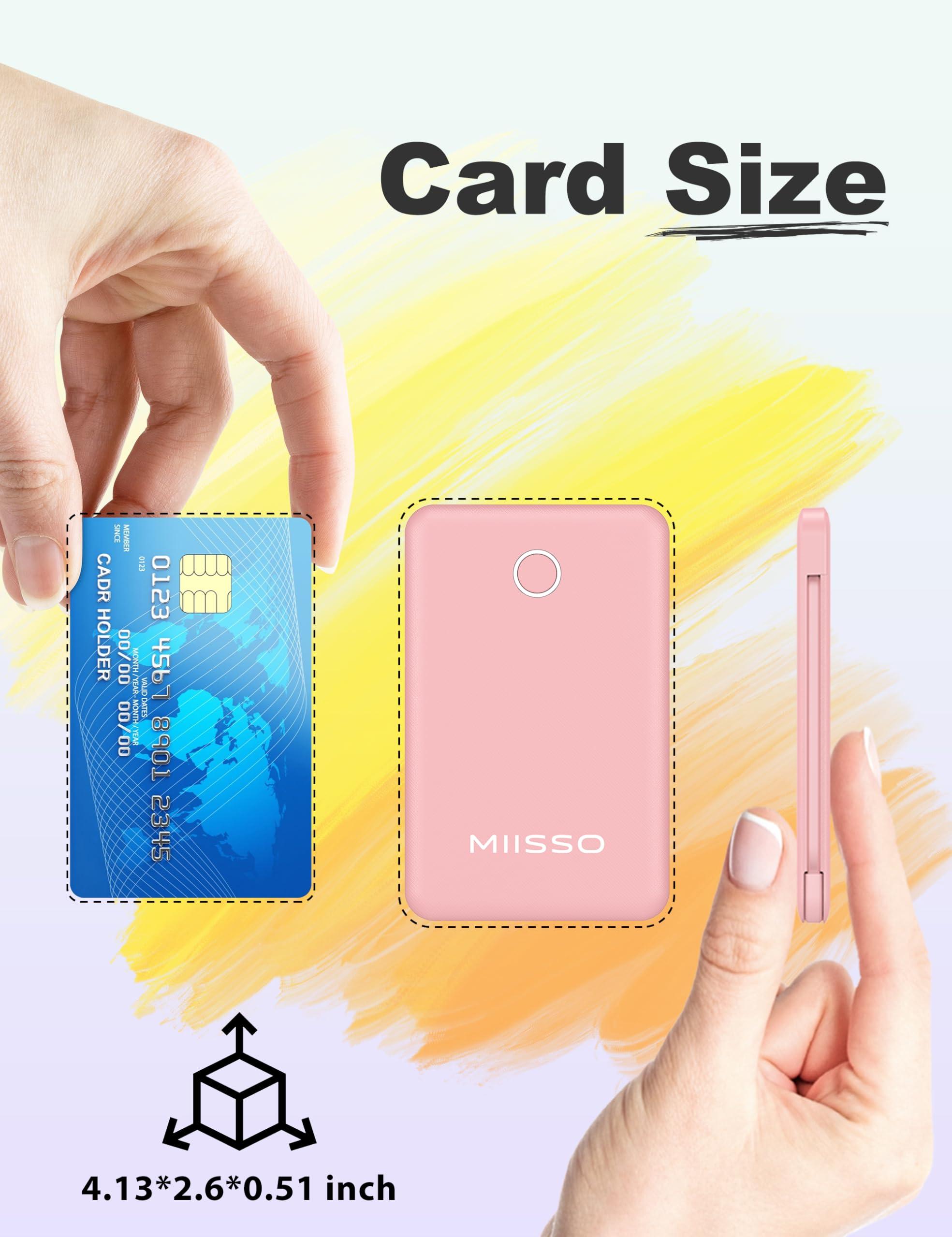 6000mah Ultra Slim Built in Cables Power Bank, Card Size Built in USB C Cords Battery Pack Portable Charger for Phones, 3 Output External Battery Pack Compatible with iPhone, Samsung, Google, Pink - Image 2
