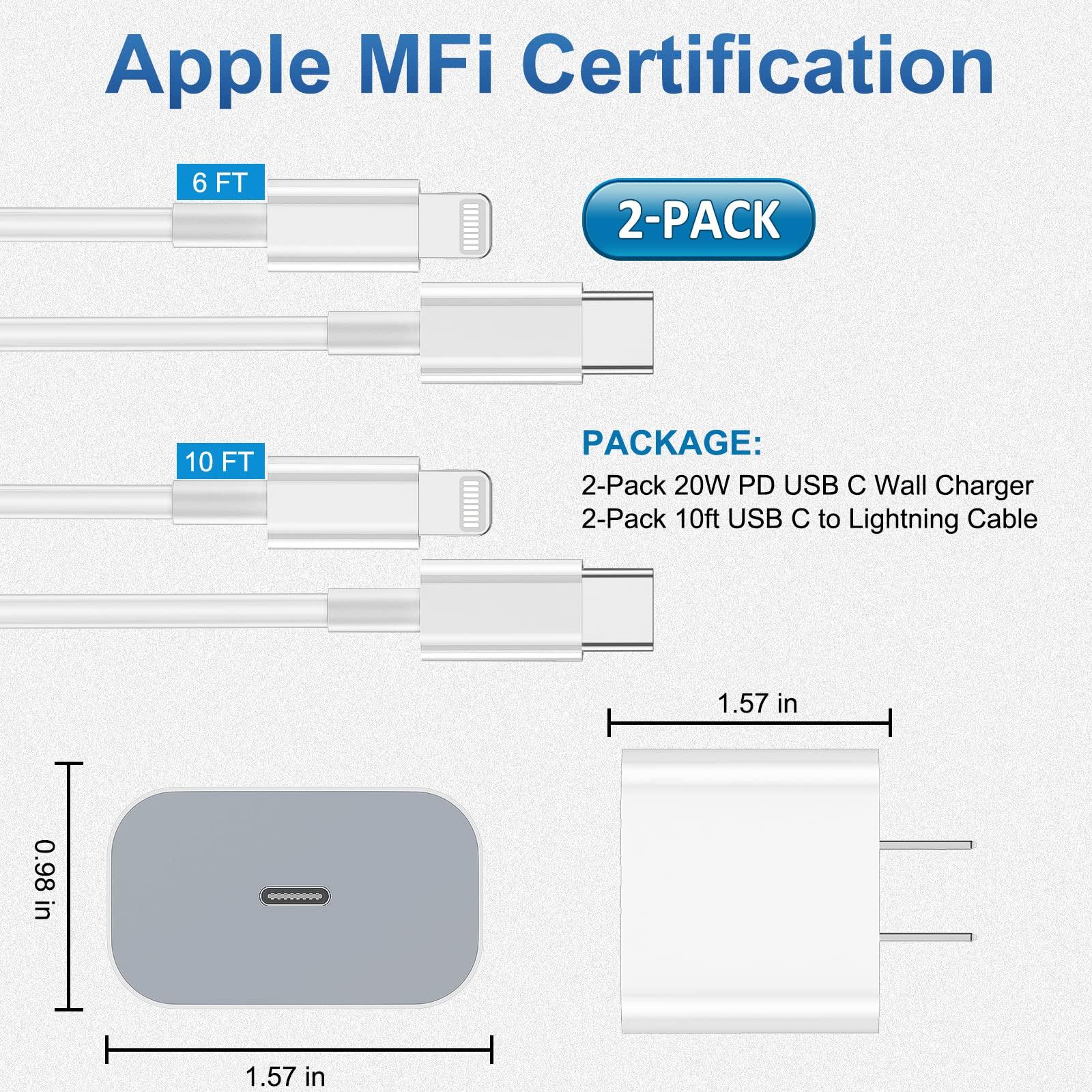 iPhone Fast Charger 6 Pack [Apple MFi Certified] 3 pcs Apple Type C Wall Charger Block with 3 pcs 6FT Long USB C to Lightning Cable Cord for iPhone 14 13 12 11 Pro Max/SE 2022/ipad - Image 2