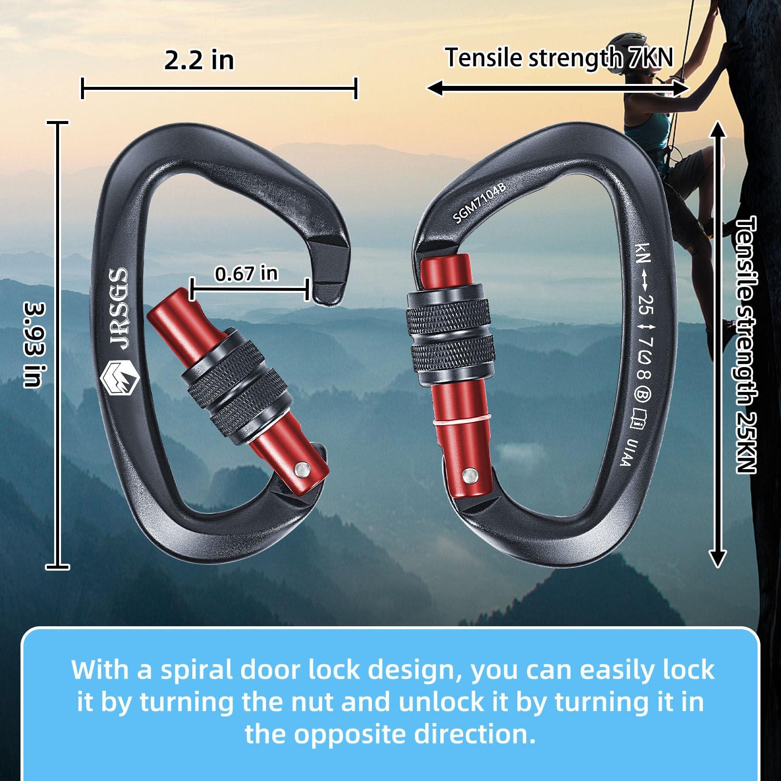 JRSGS 25KN Locking Climbing Carabiner Clips, UlAA Certified Rockclimbing Carabiner,Heavy Duty Carabiners Equipment,Large SizeCarabiner for Climbing, Rappelling,Hunting and Rescue - Image 2