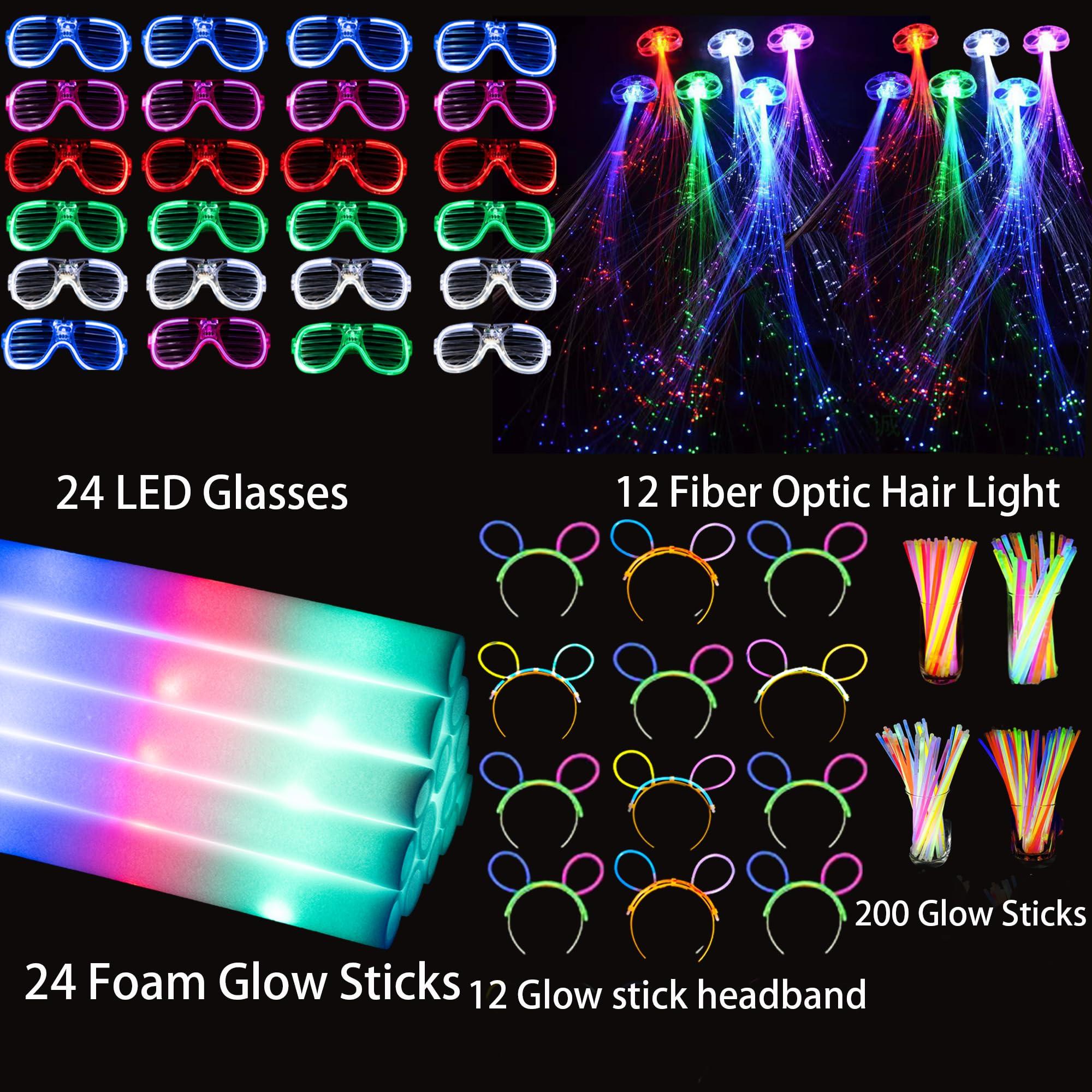 272 PCs Glow Party Supplies, 24 Foam Glow Sticks, 24 LED Glasses and 200 Glow Sticks ＆ Bracelets, 12 Glow sticks headband 12 Fiber Optic Hair Light，Glow Neon Party Favors for Wedding, Concert, Raves - Image 3