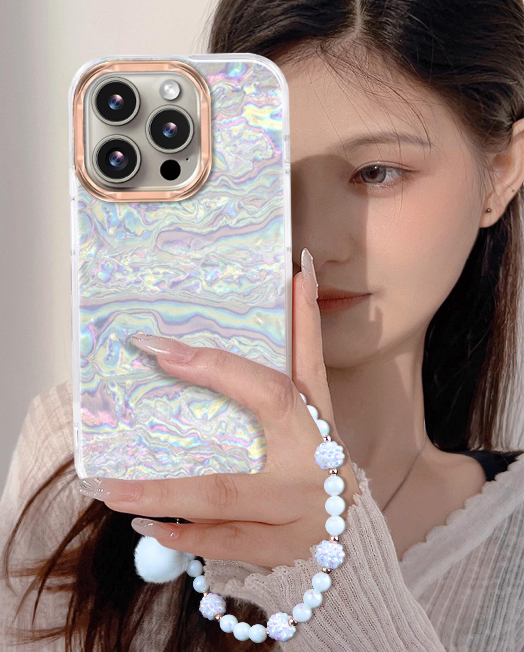 Compatible with iPhone 16 Pro Max Case for Women Girls, Slim Fit Glitter Cute Phone Case for iPhone 16 Pro Max with Pearl Phone Charm Lanyard Wrist Strap, Hard Protective Case 6.7 Inch Shiny White - Image 6