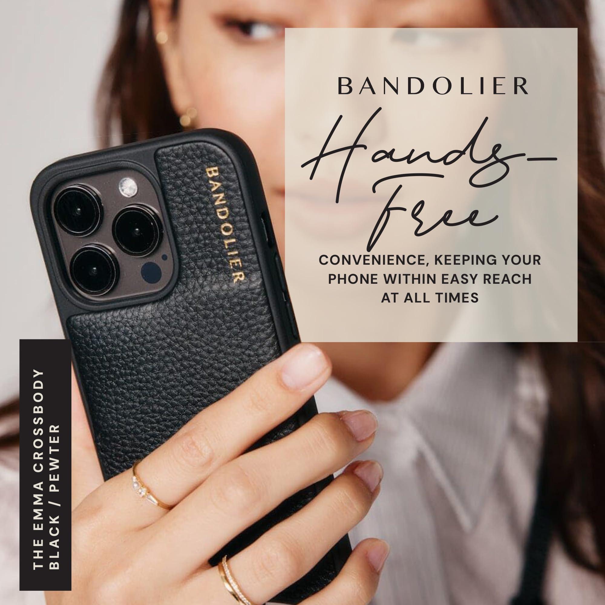 Bandolier Emma Crossbody Wallet Phone Case for iPhone 16 Pro Max. 100% Genuine Pebble Leather. Adjustable & Removable Crossbody Strap. Card Holder with Snap Closure. Black with Pewter Hardware - Image 6