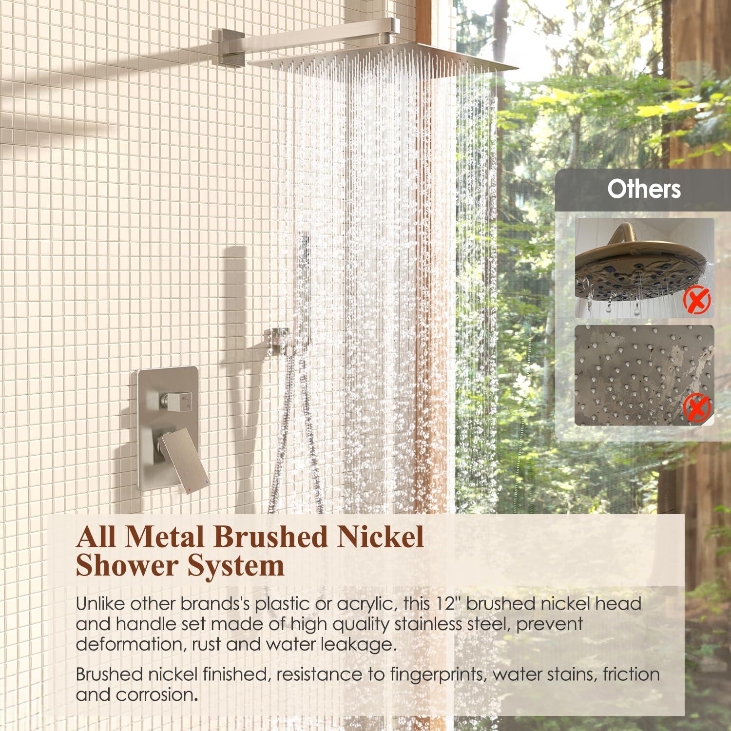 Kurpot Shower System, 12 Inch Bathroom Shower Faucet Set, Brushed Nickel Shower Head and Handle Set, Shower Faucet with Valve and Shower Trim Kit, High Pressure Rain Shower Head Set, Wall Mounted - Image 3