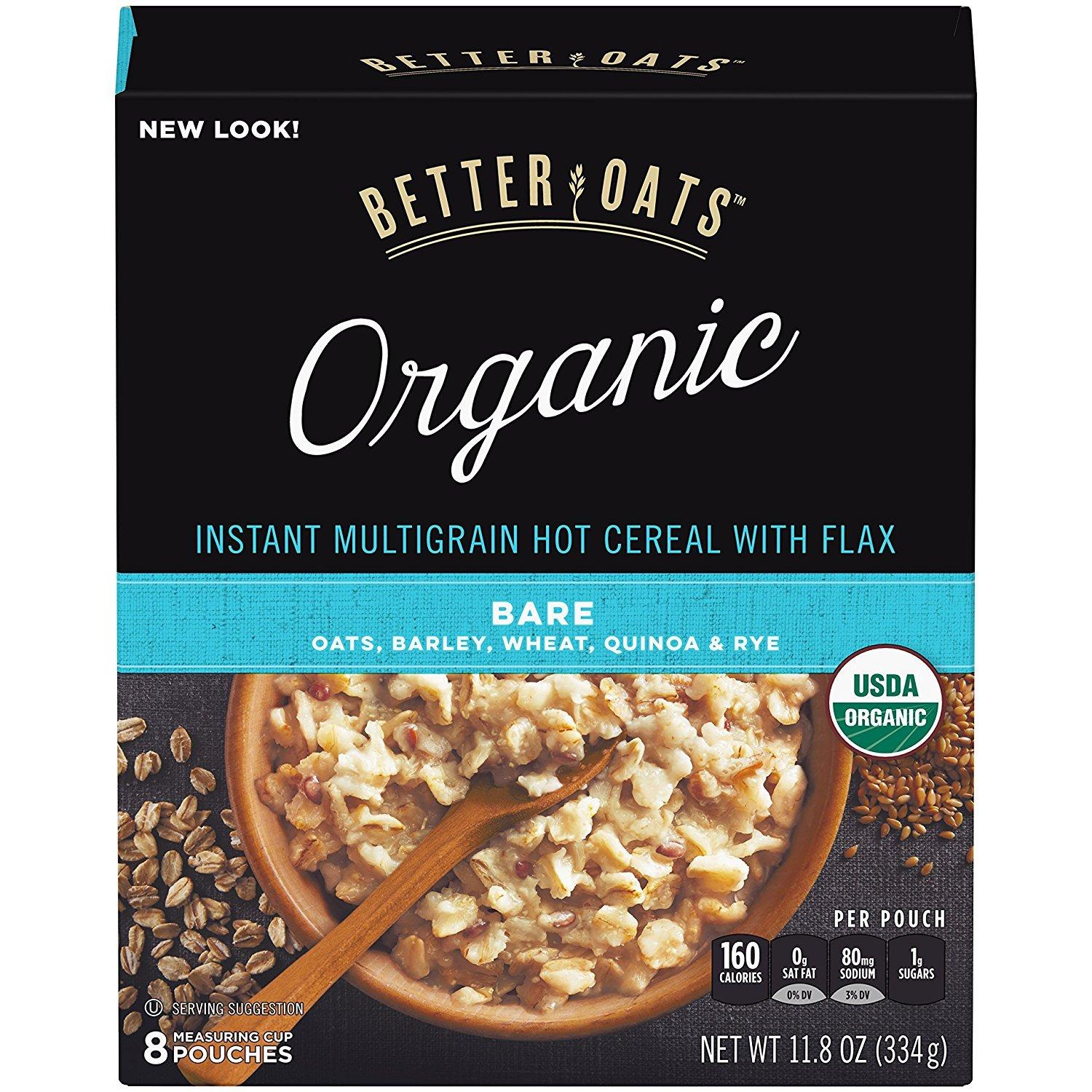 Better Oats Bare Organic Multigrain Hot Cereal Packets, Instant Oatmeal, Thick and Hearty Texture, USDA Organic, Box of 8 Pouches (Pack of 6)