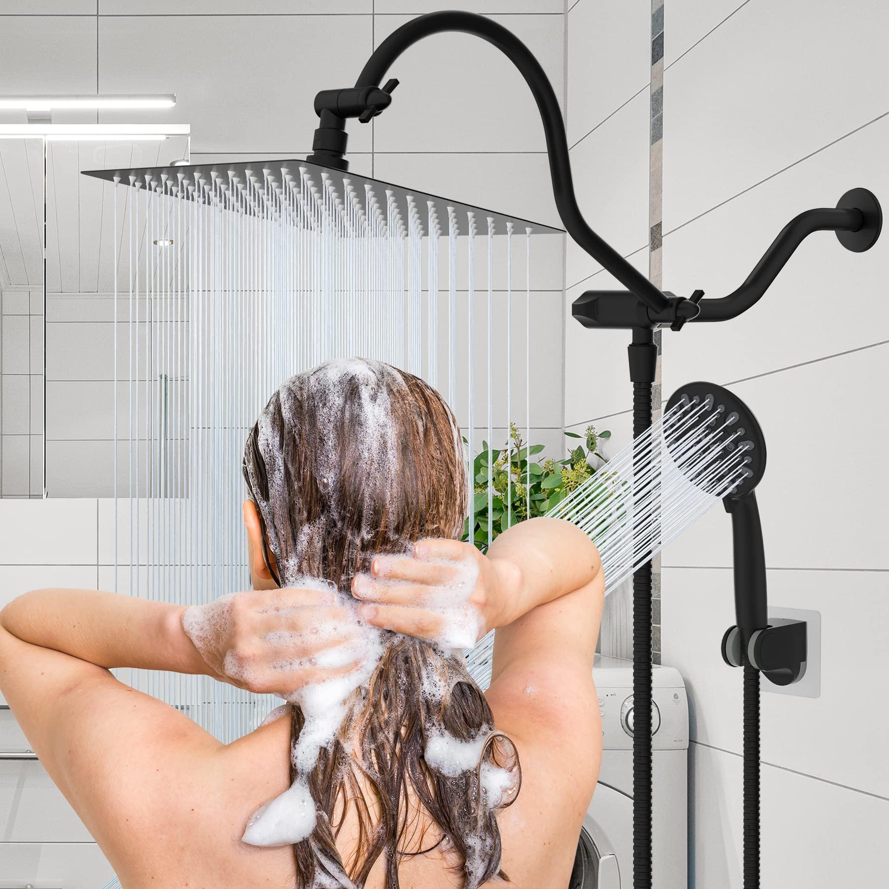 Hibbent All Metal High Pressure Rainfall 10 Inch Shower Head/Handheld Showerhead Combo/ 12 Inch Adjustable Curved Shower Extension Arm, 7-Spray, 71-inch Hose, Adhesive Showerhead Holder, Matte Black - Image 2
