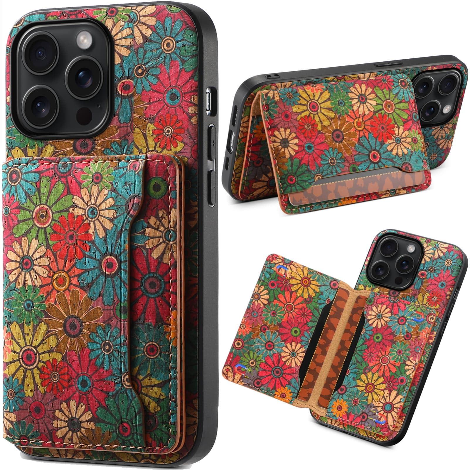 GuluGuru for iPhone 16ProMax Cork Wood Phone Case, Retro Floral Colorful Flower Printing Magnetic Folio Flip ID/Credit Card Holder Slot Back Cover Bag, Kickstand Support