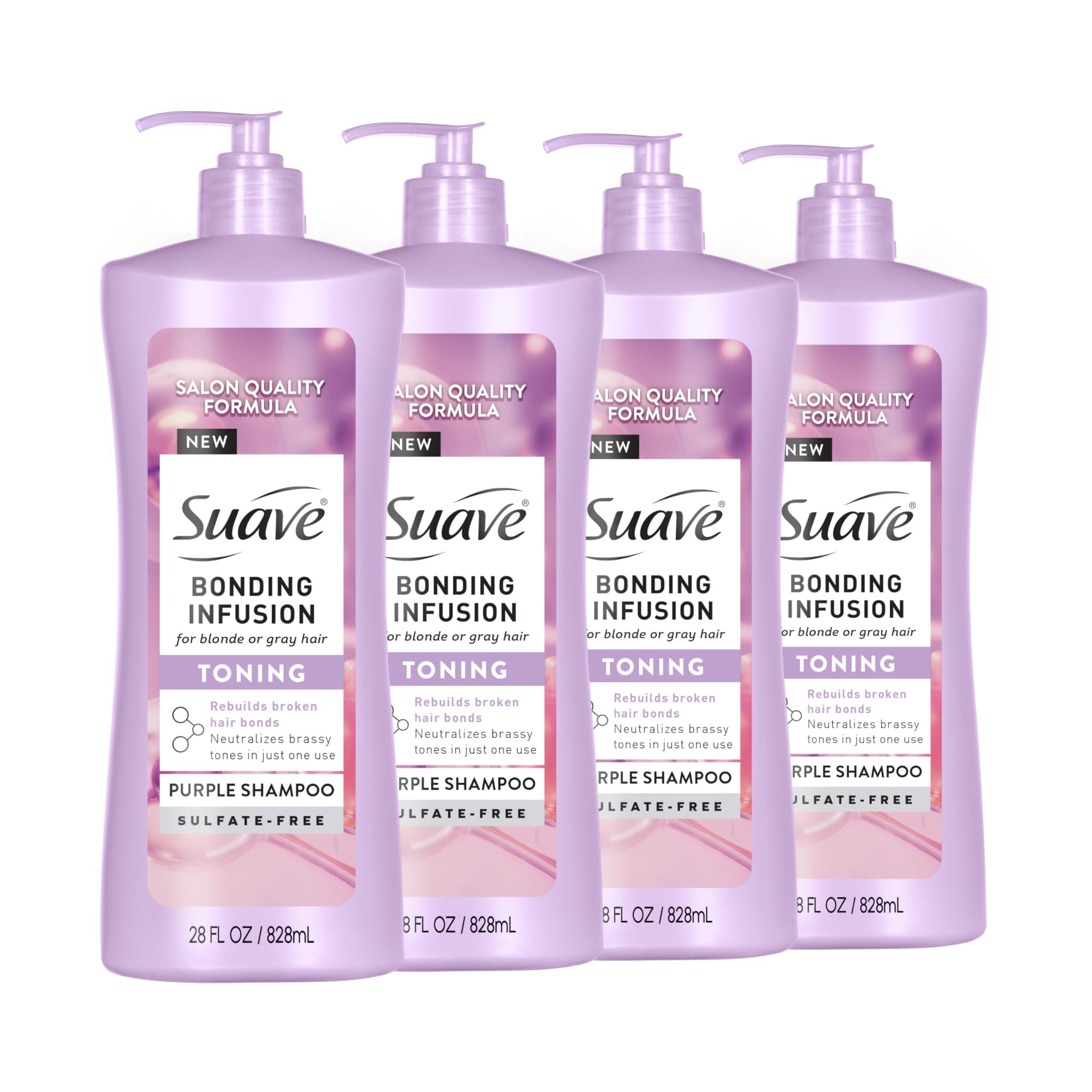 Suave Bonding Infusion Purple Toning Shampoo, for Neutralizing Brassy Tones in Blonde or Gray Hair & Repairing Broken Hair Bonds, 28oz Pump, 4 Pack