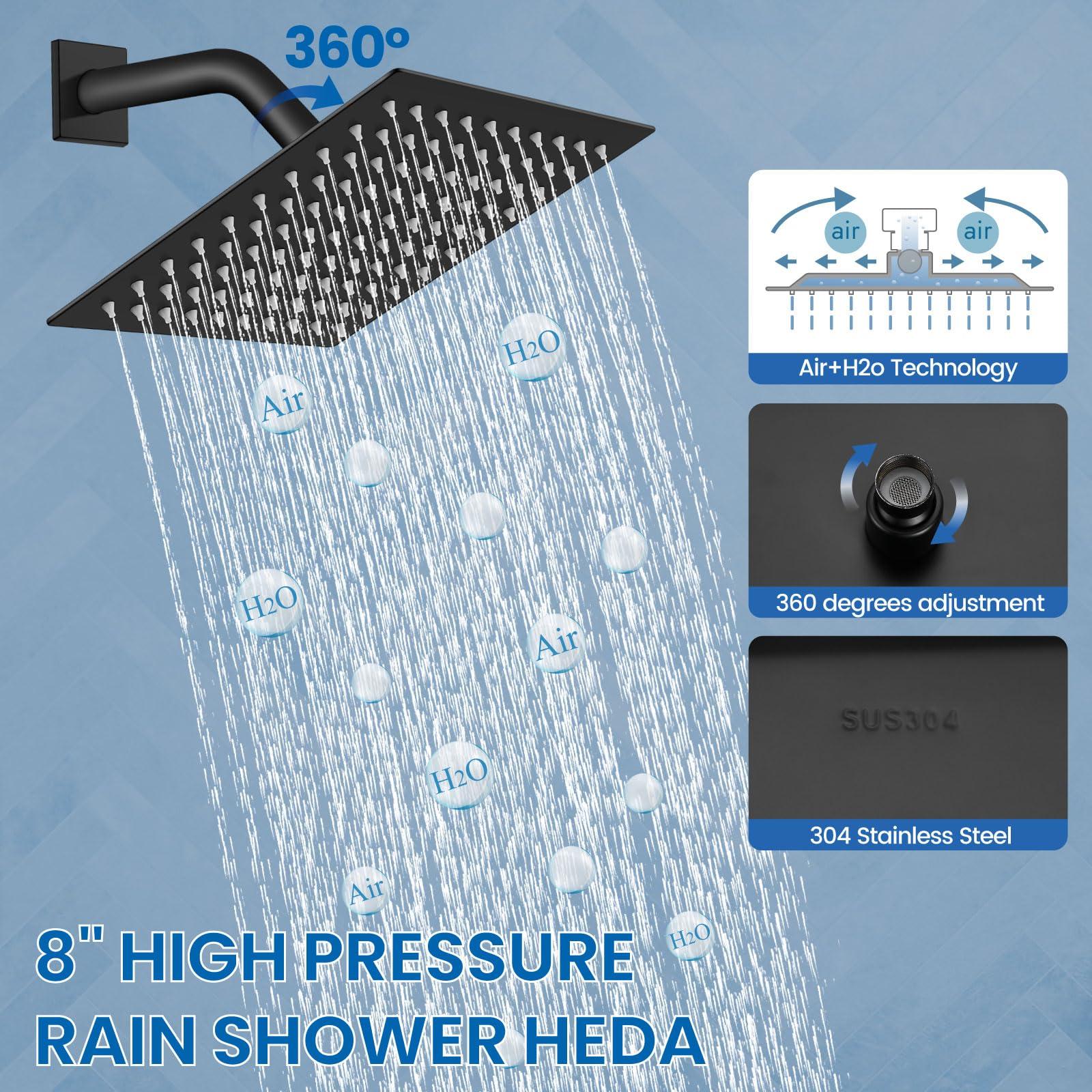 Airuida Shower Faucet Set Bathroom Rain Shower System SUS304 Stainless Steel Single Handle With Male Threads Rough-in Valve Shower Trim Kit 8 Inch Wall Mount Shower Head Matte Black - Image 8