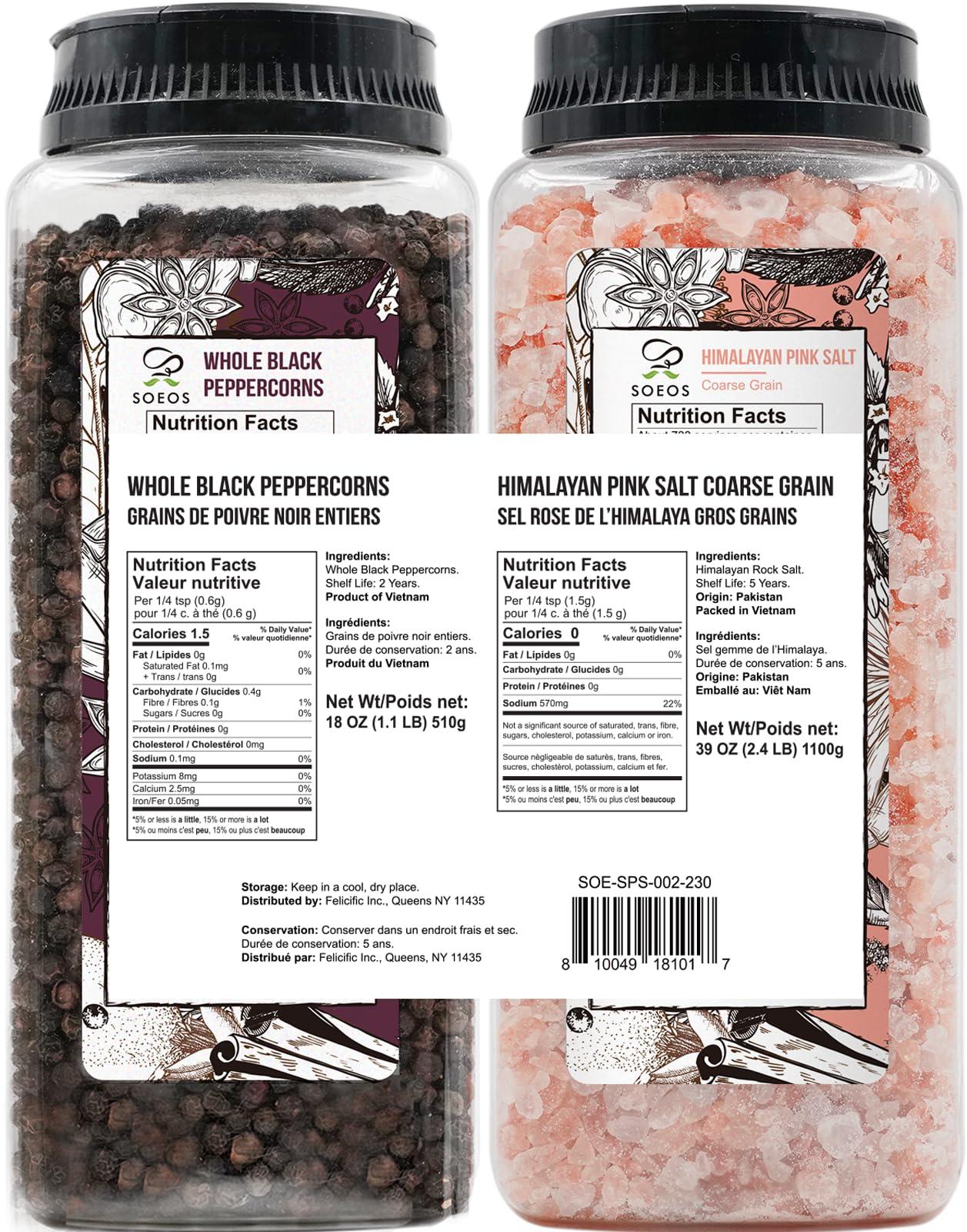 Soeos Himalayan Pink Salt 39 oz + Whole Black Peppercorns 18 oz, Coarse Grain, Kosher Salt for Grinder Refill, Salt and Pepper Grinder, Non-GMO Verified, Spice Seasoning Set for Cooking - Image 2