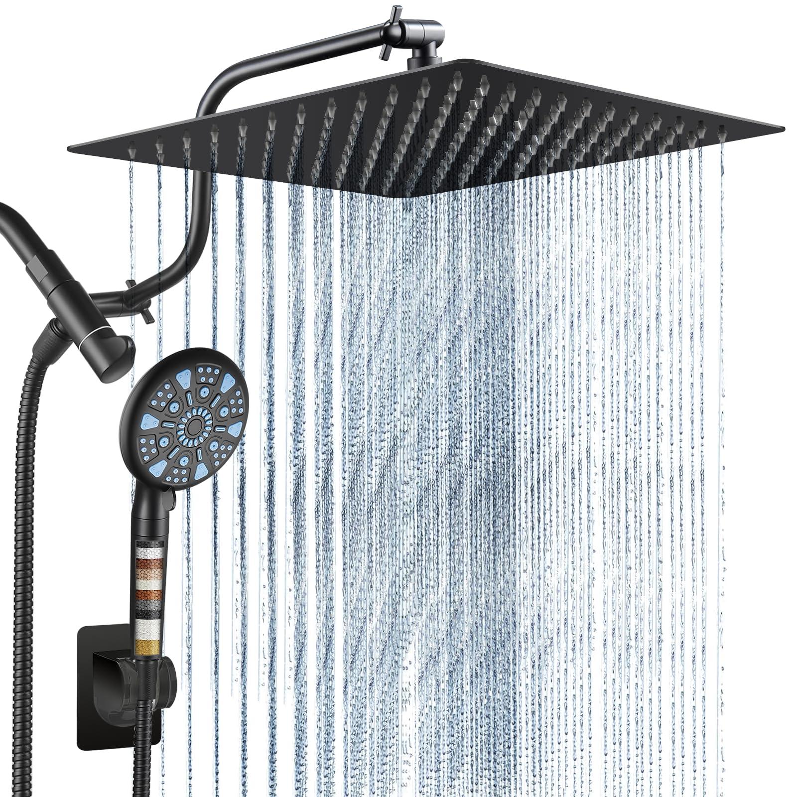 Cobbe 12 Inch All Metal 3-Way Rain Shower Head, High Pressure Shower Head, Dual Shower Heads with Handheld Spray Combo - Upgrade Extension Arm Height Adjustable - 9 Spray Filtered Shower Head, Black
