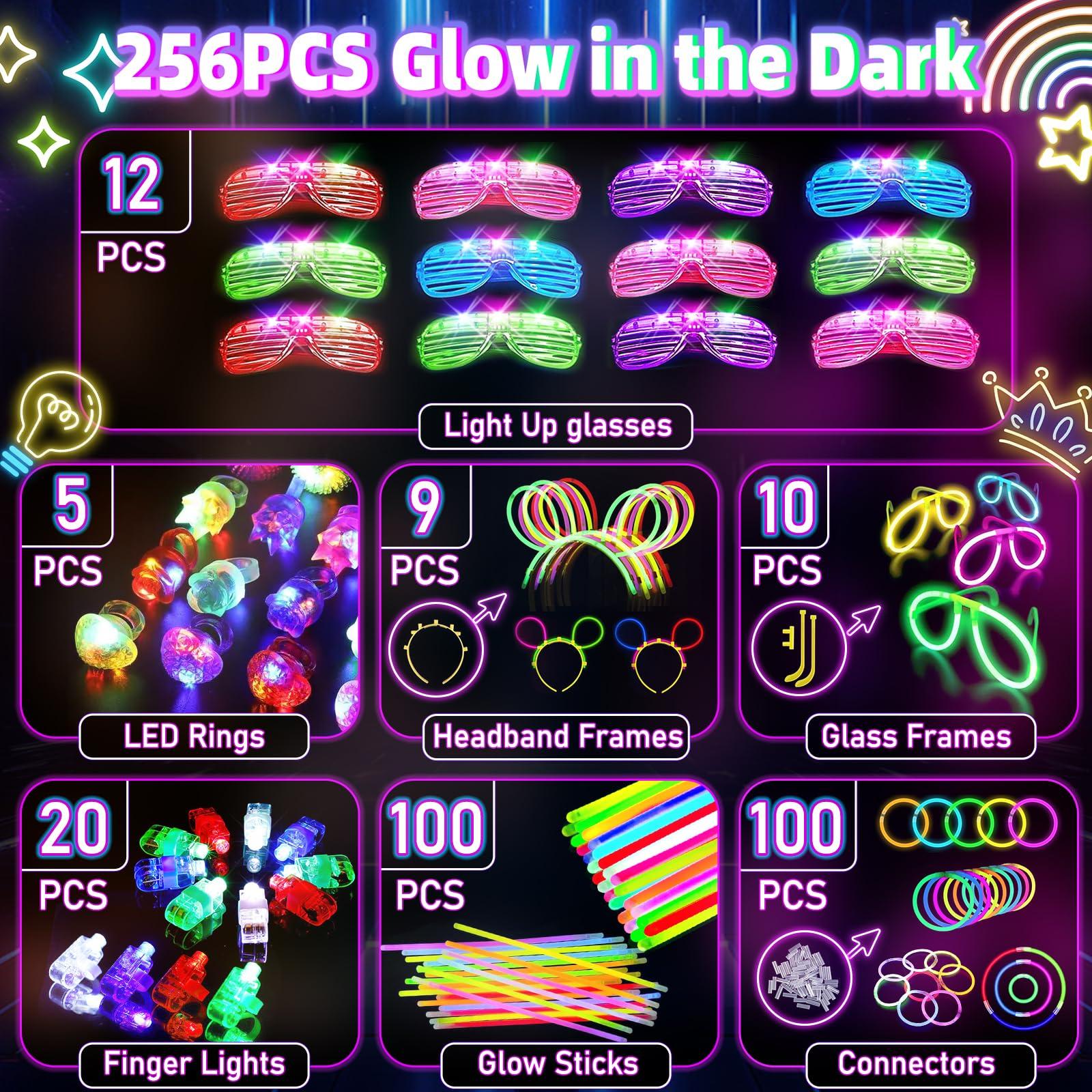 HONLYNE Glow in the Dark Supplies for Kids Adults, Light Up Party Favors, 56 LED Light Up Toys, 100 Glow Sticks Bulk Party Pack DIY Glasses Headbands Necklaces for Neon Party Supplies & Decorations - Image 3
