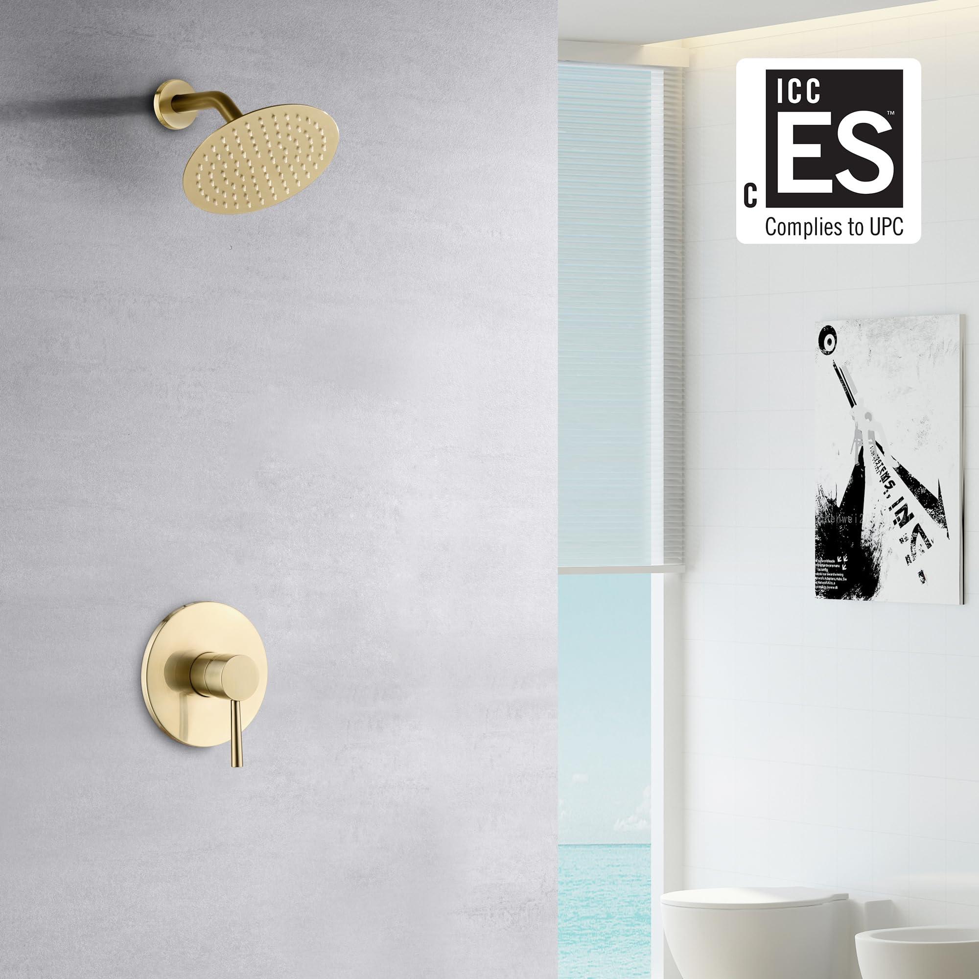 sumerain Brushed Gold Shower Faucet Set with 8 Inches Stainless Steel Rain Shower Head, Solid Brass Rough In Valve - Image 3
